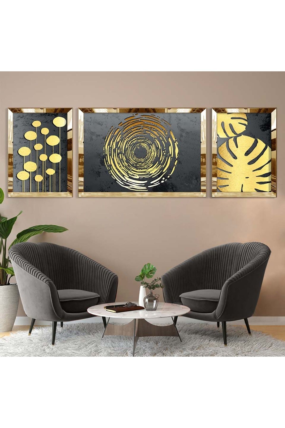 Gold Aynalı Pleksi Çerçeveli Üçlü Gri Arka Planlı Gold Desenli Mdf Tablo Seti