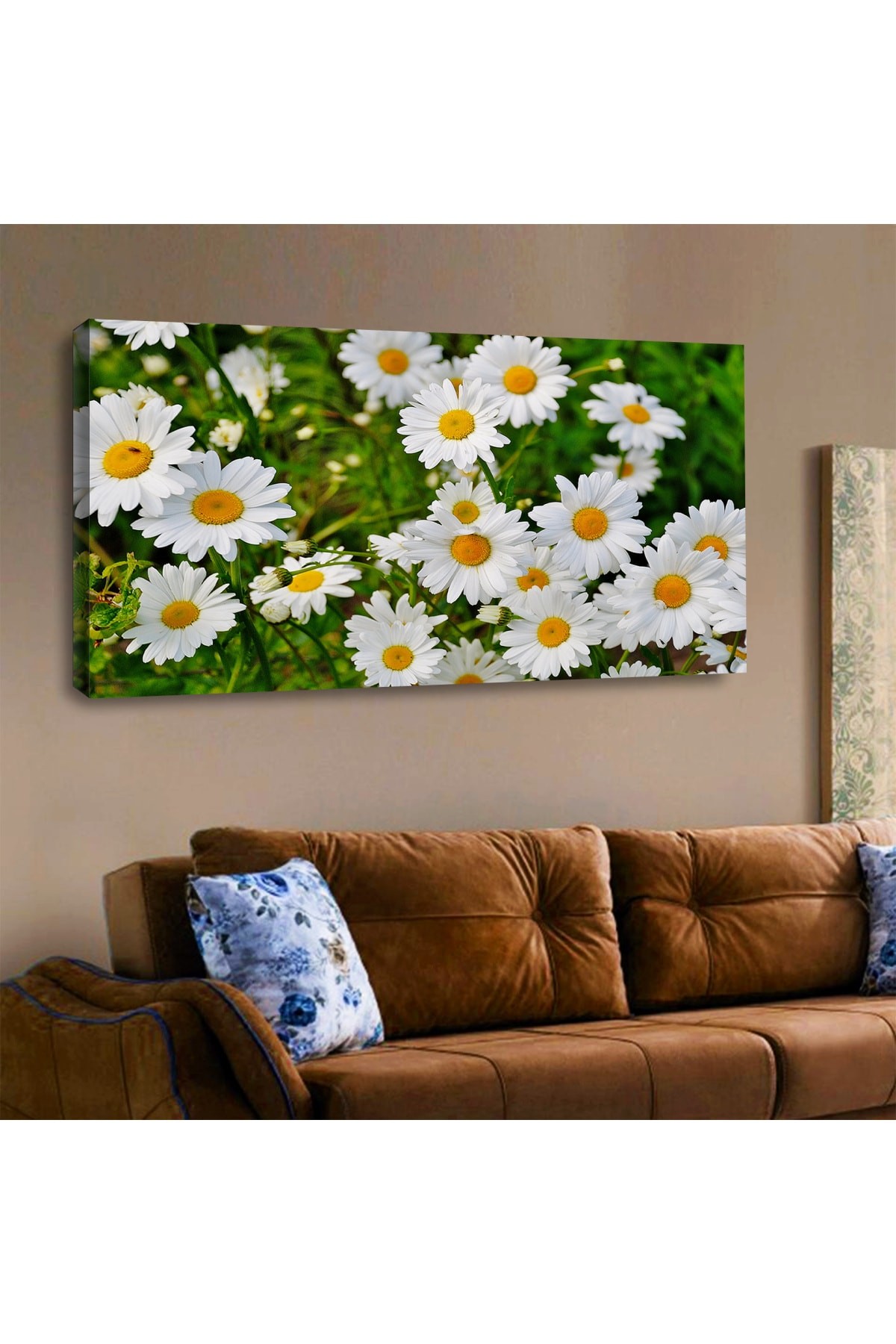 Ahşap Şase Dijital Baskı Kanvas Beyaz Papatyalar Tablosu 120X60Cm