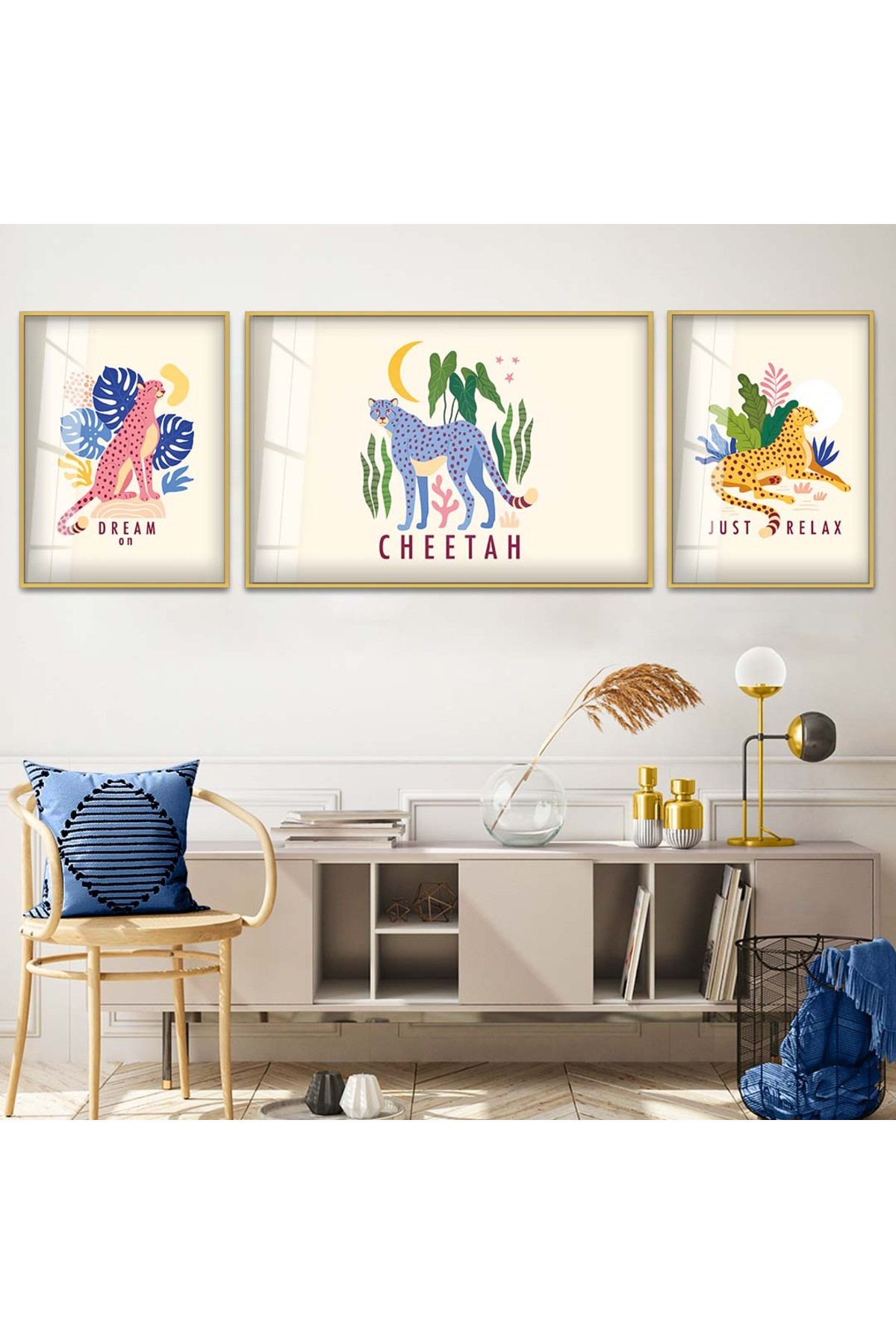 Renkli Modern Tablo Çizim Soyut Desen 3'Lü Metal Çerçeveli UV Baskı Kırılmaz Cam Tablo