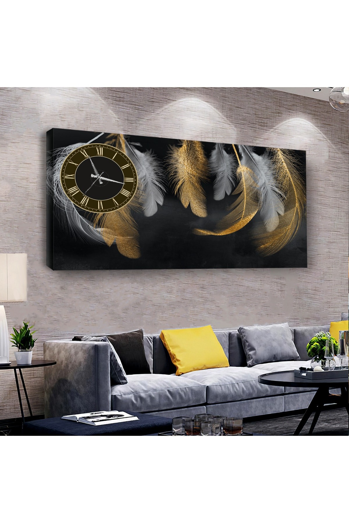Kuş Tüyleri saatliAhşap Şase Dijital Baskı Kanvas Tablo 100X50Cm