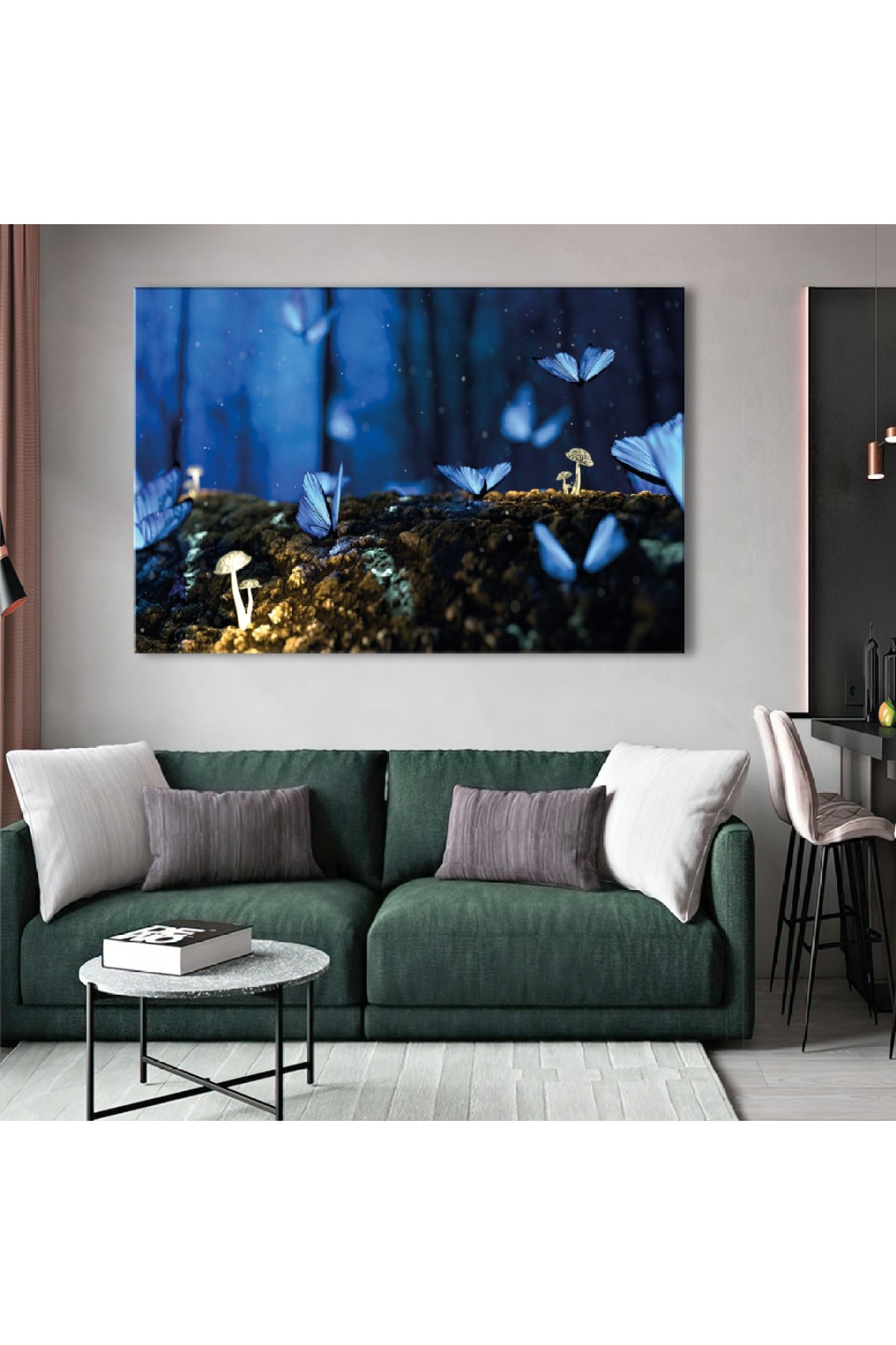 Mavi Kelebekler Ahşap Şase Dijital Baskı Kanvas Tablo 120X80Cm