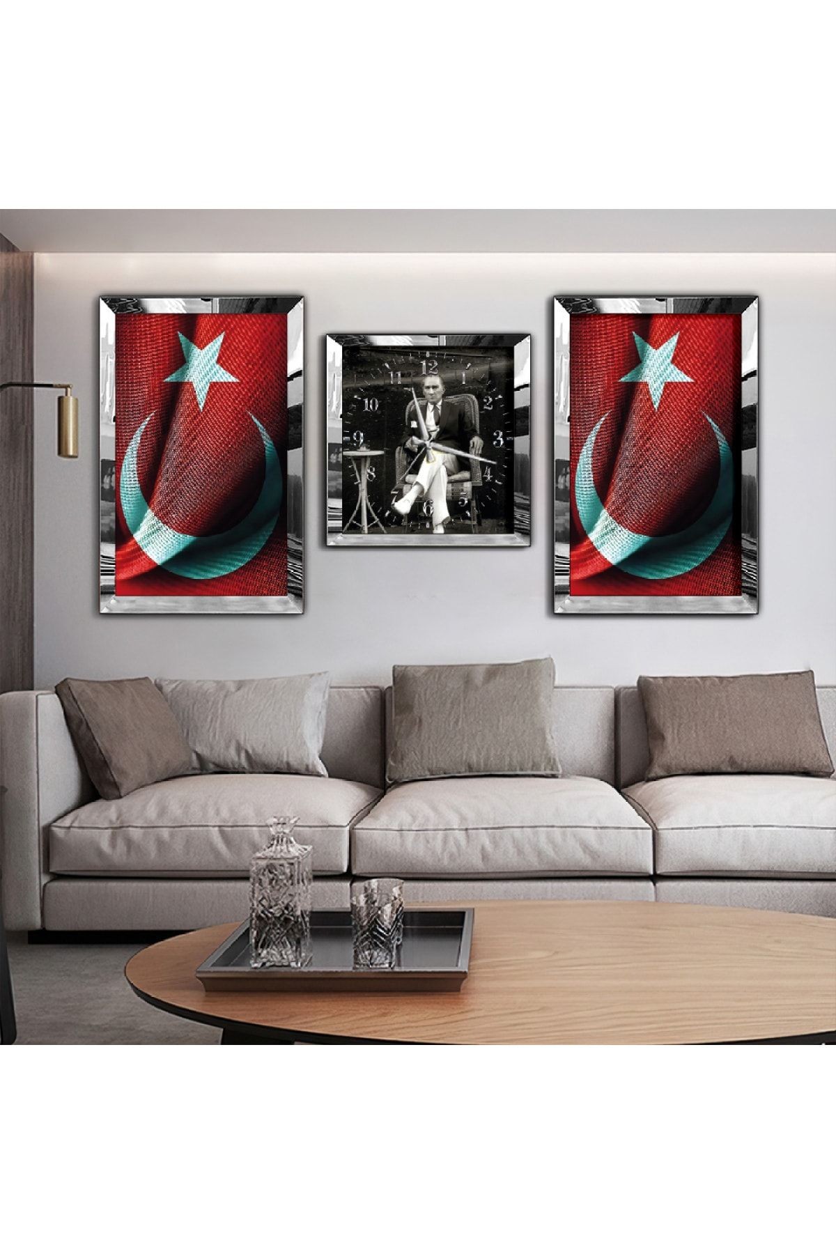 Sanatsal Mustafa Kemal Atatürk Aynalı Gold Pleksi Çerçeveli MDF Tablo Ve Saat Seti