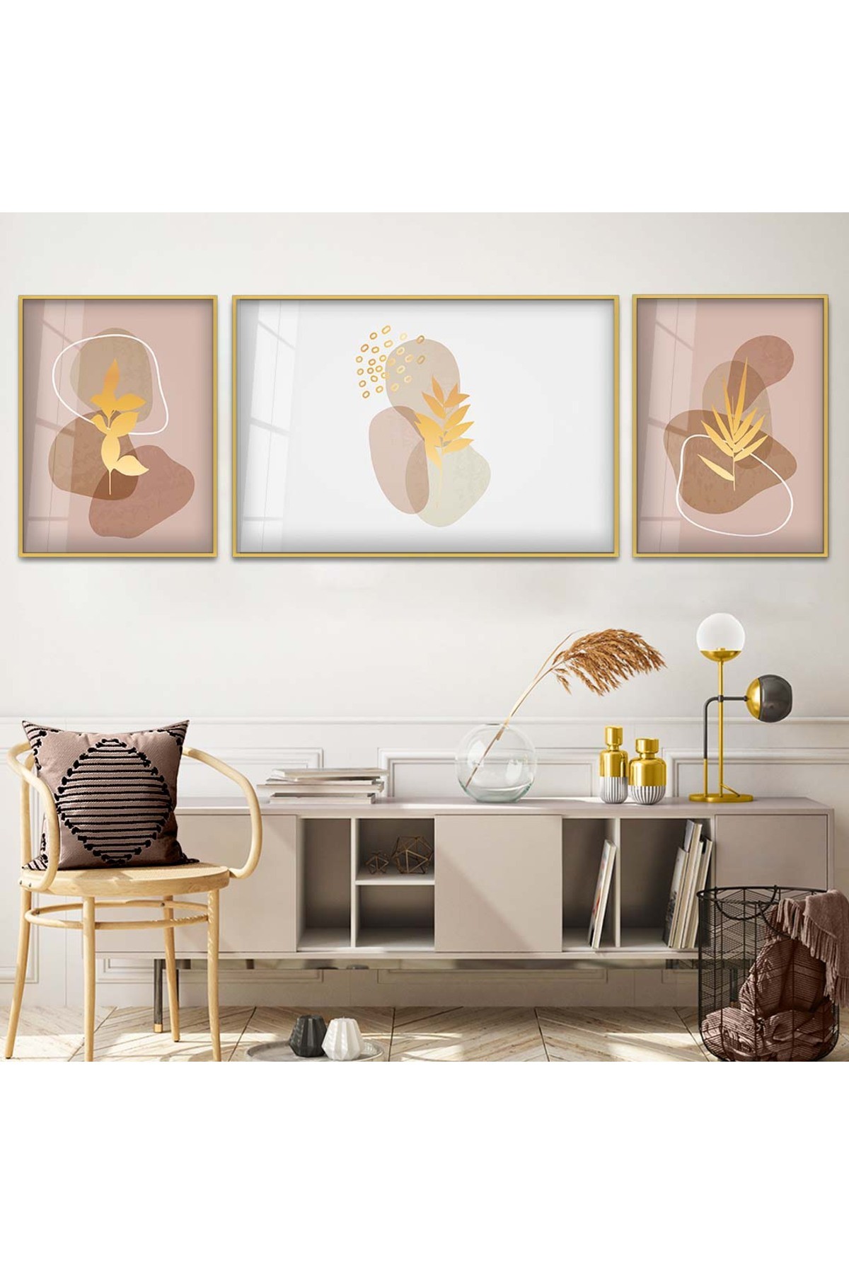 Minimal Modern Çizim 3'Lü Metal Çerçeveli UV Baskı Kırılmaz Cam Tablo