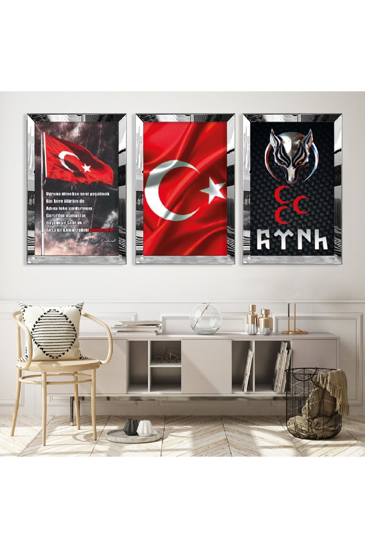 Gold Aynalı Pleksi Çerçeveli Türk Üçlü Mdf Tablo Seti
