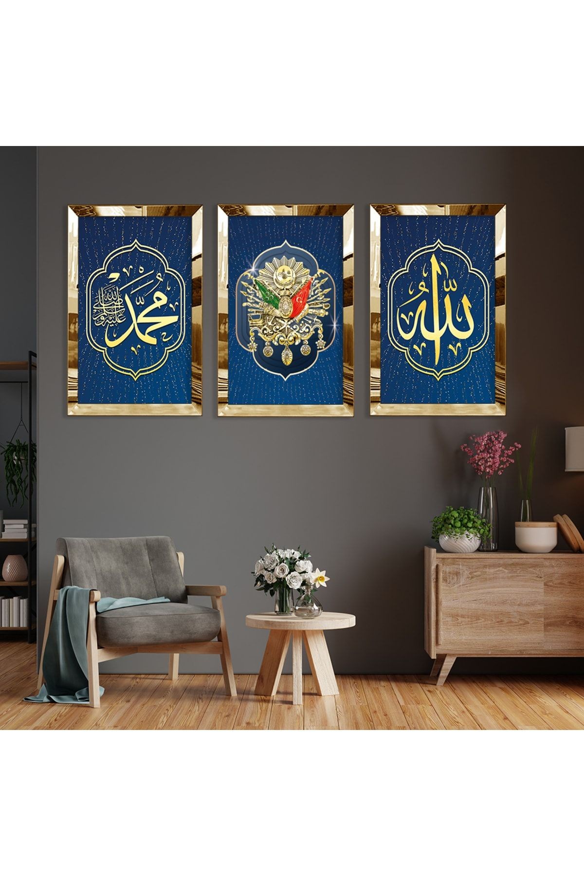Gold Aynalı Pleksi Çerçeveli Osmanlı Tuğrası Ve Allah Hz Muhammed Dini Üçlü Mdf Tablo Seti