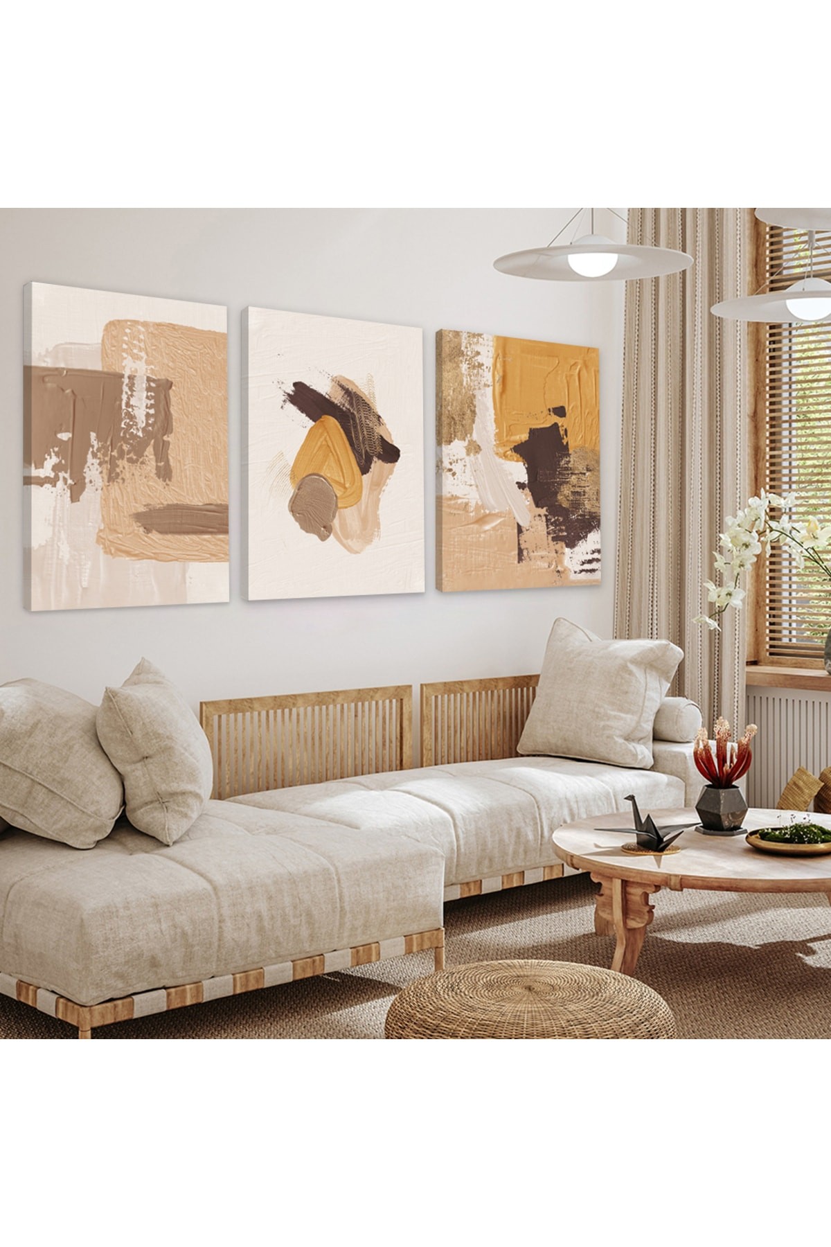 Minimal Tasarım Soyut Desen 3'Lü Ahşap Şase Dijital Baskı Kanvas Tablo