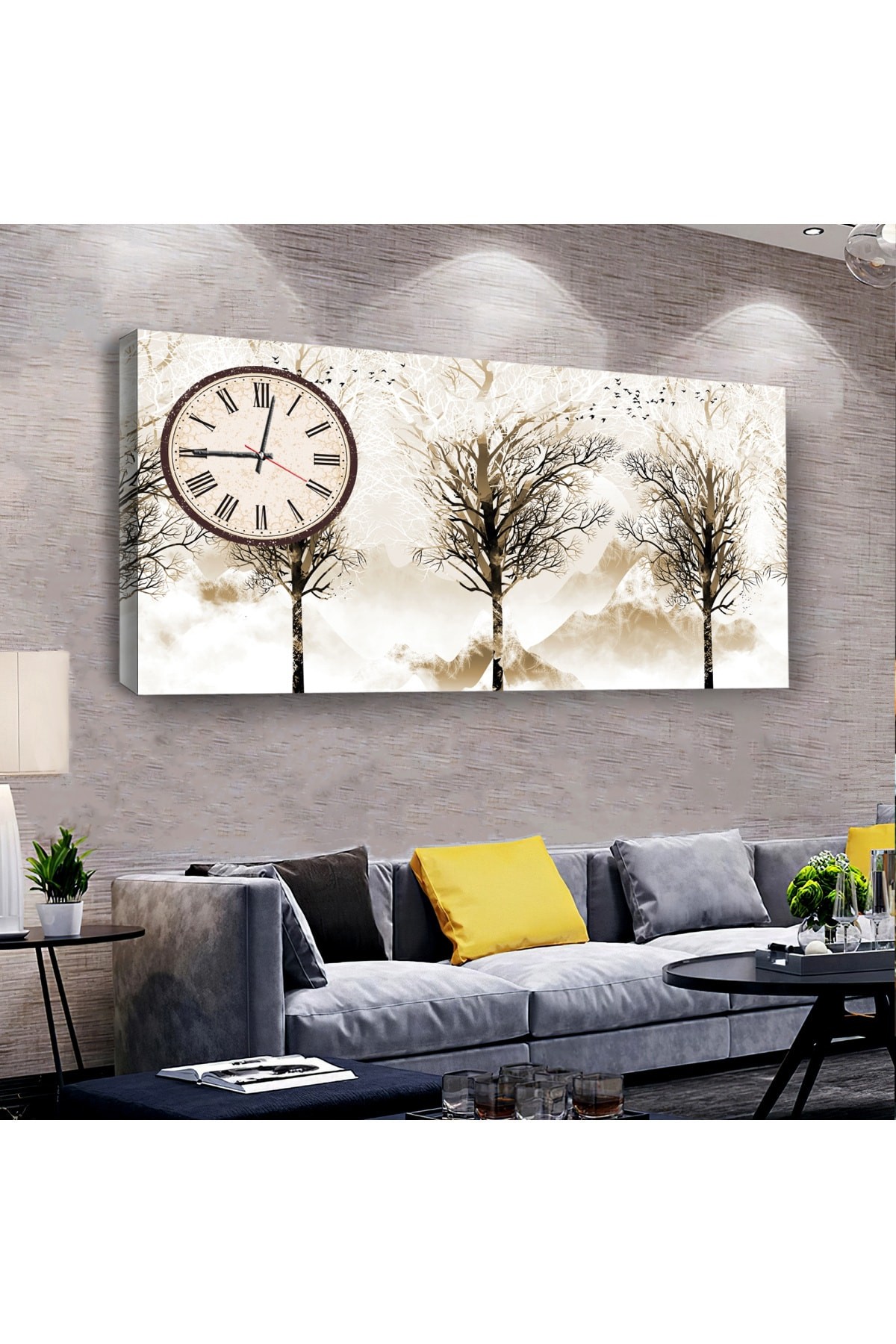 Ofis Tablosu Sonbahar Ağaç saatliAhşap Şase Dijital Baskı Kanvas Tablo 100X50Cm