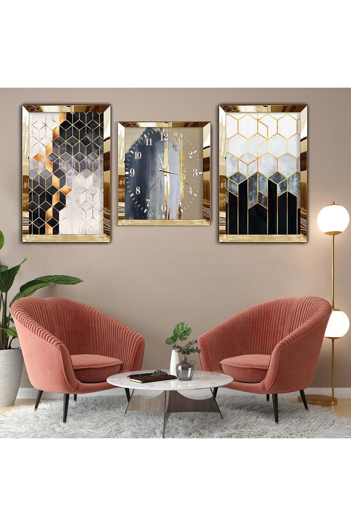 Minimal Huzur Gold Pleksi Kenar 3'Lü Solmaz MDF Tablo Saat Seti