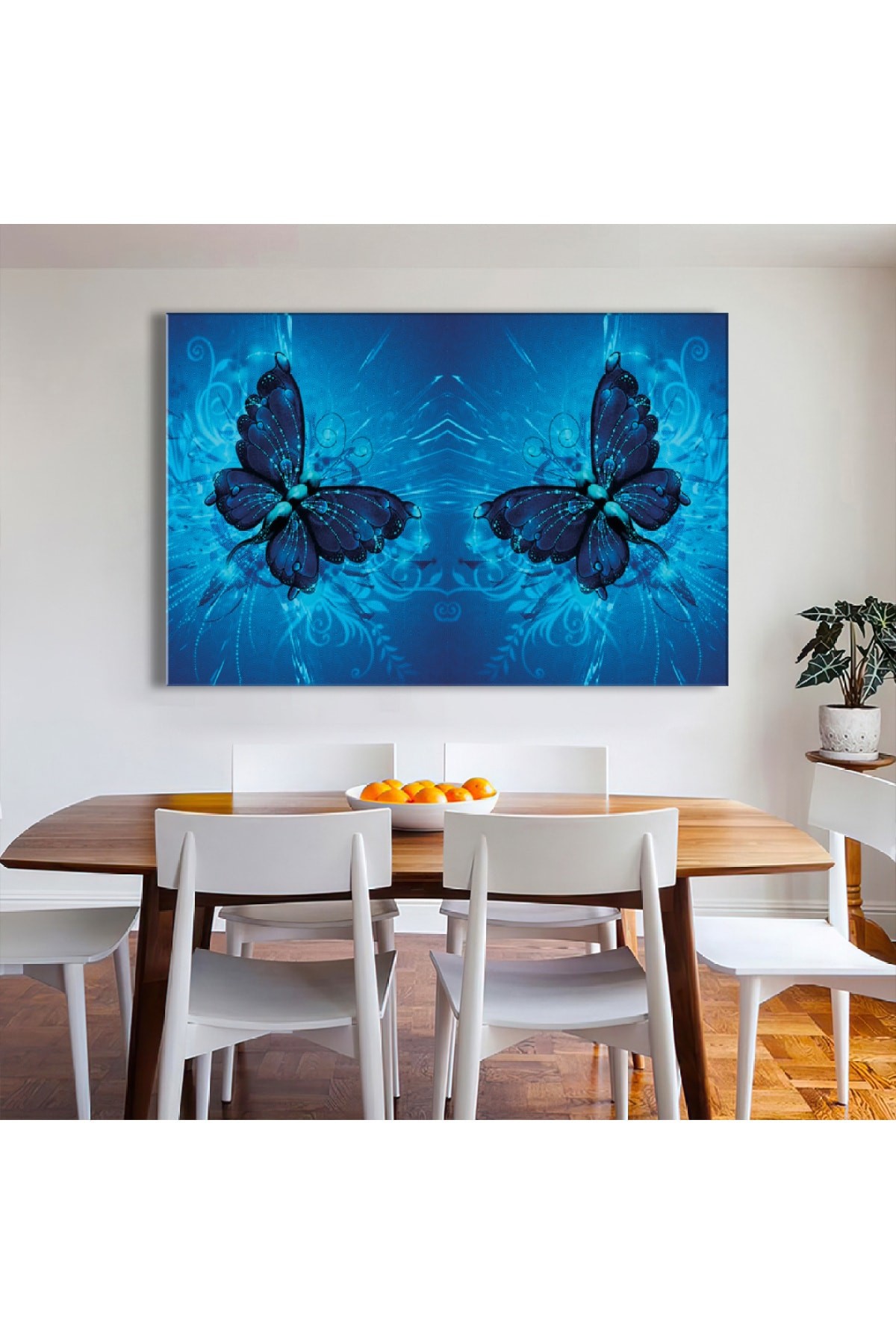 Mavi Kelebek Ahşap Şase Dijital Baskı Kanvas Oturma Odası Tablosu 120X80Cm