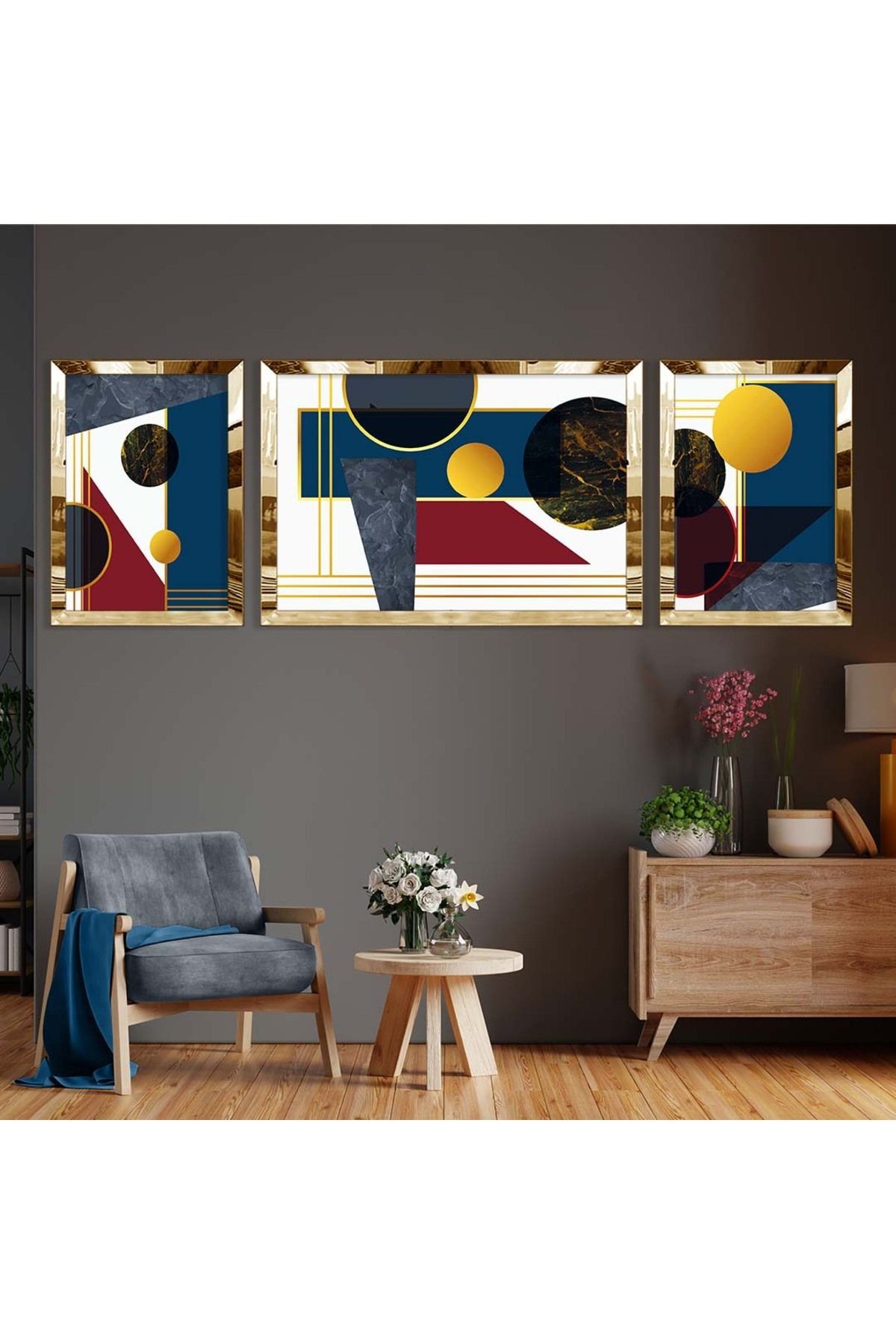 Gold Aynalı Pleksi Çerçeveli Üçlü Beyaz Arka Planlı Soyut Renkli Daire Desenli Mdf Tablo Seti