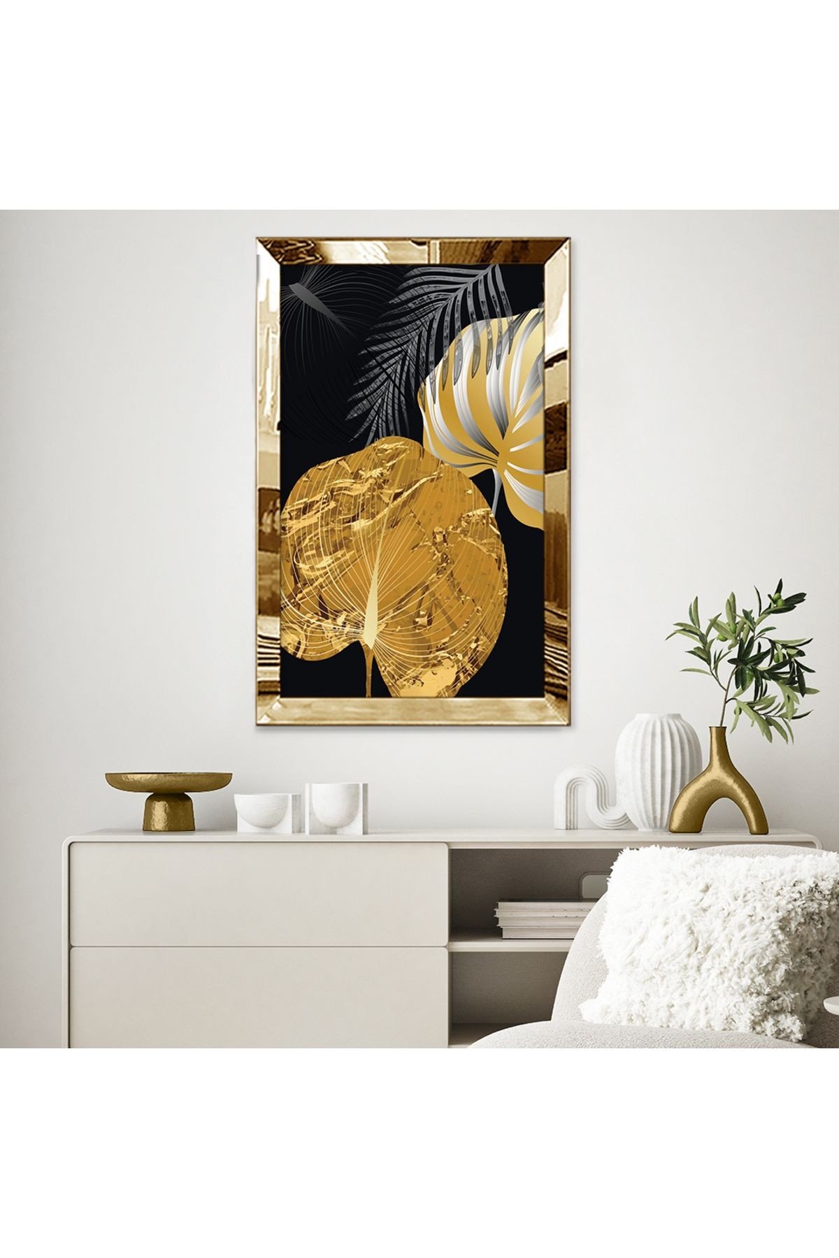 Gold Aynalı Pleksi Çerçeveli Siyah Arka Planlı Altın Renkli Desenli Dekoratif Yapraklar Mdf Tablo