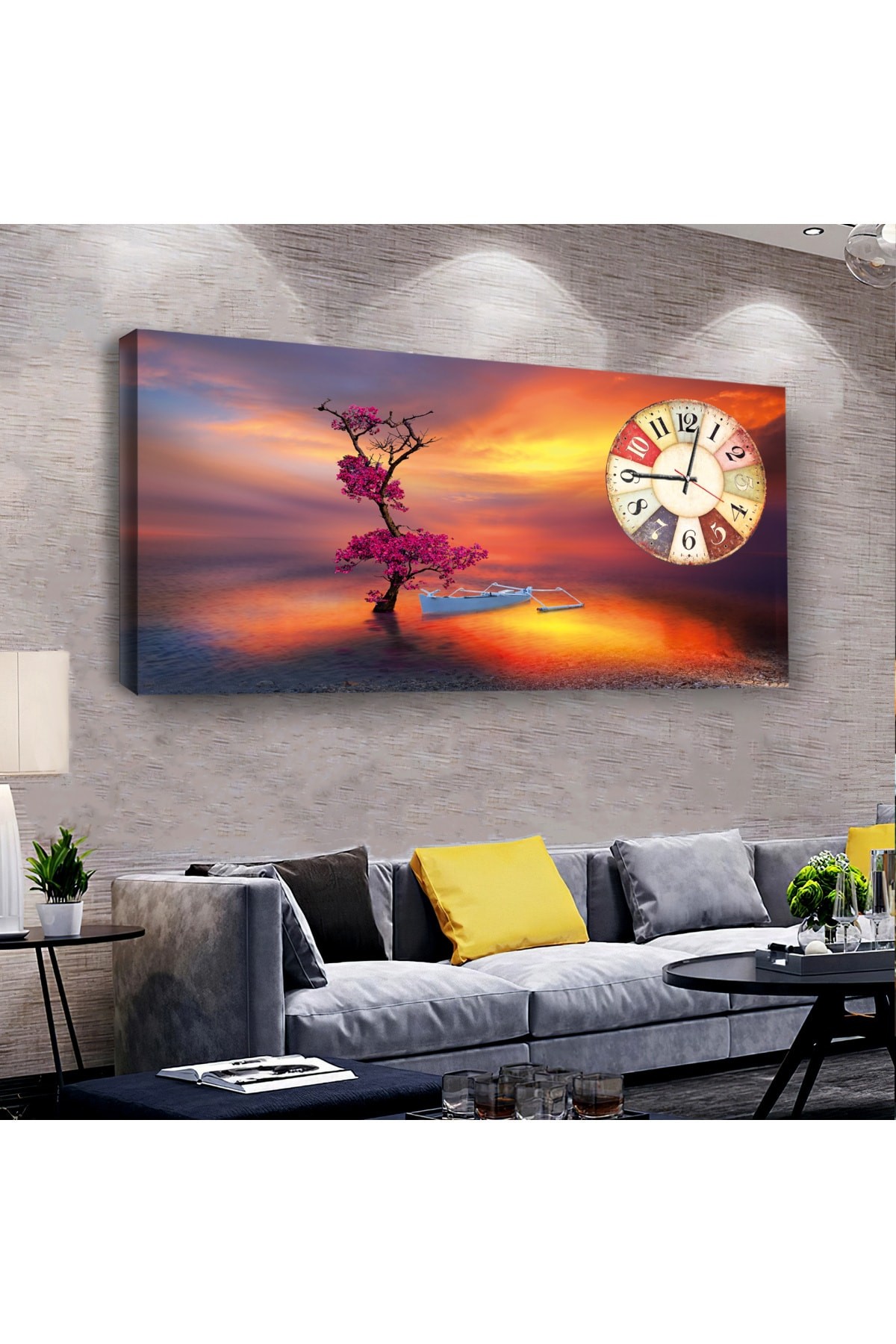 Salon Tablosu Gün Batımı Manzara saatliDijital Baskı Kanvas Tablo 100X50Cm