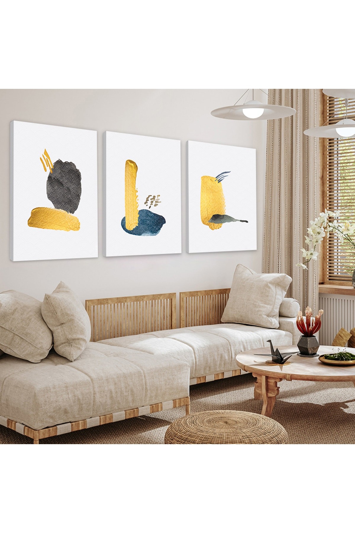 Modern Tablo Soyut Desen Şekiller 3'Lü Ahşap Şase Dijital Baskı Kanvas Tablo