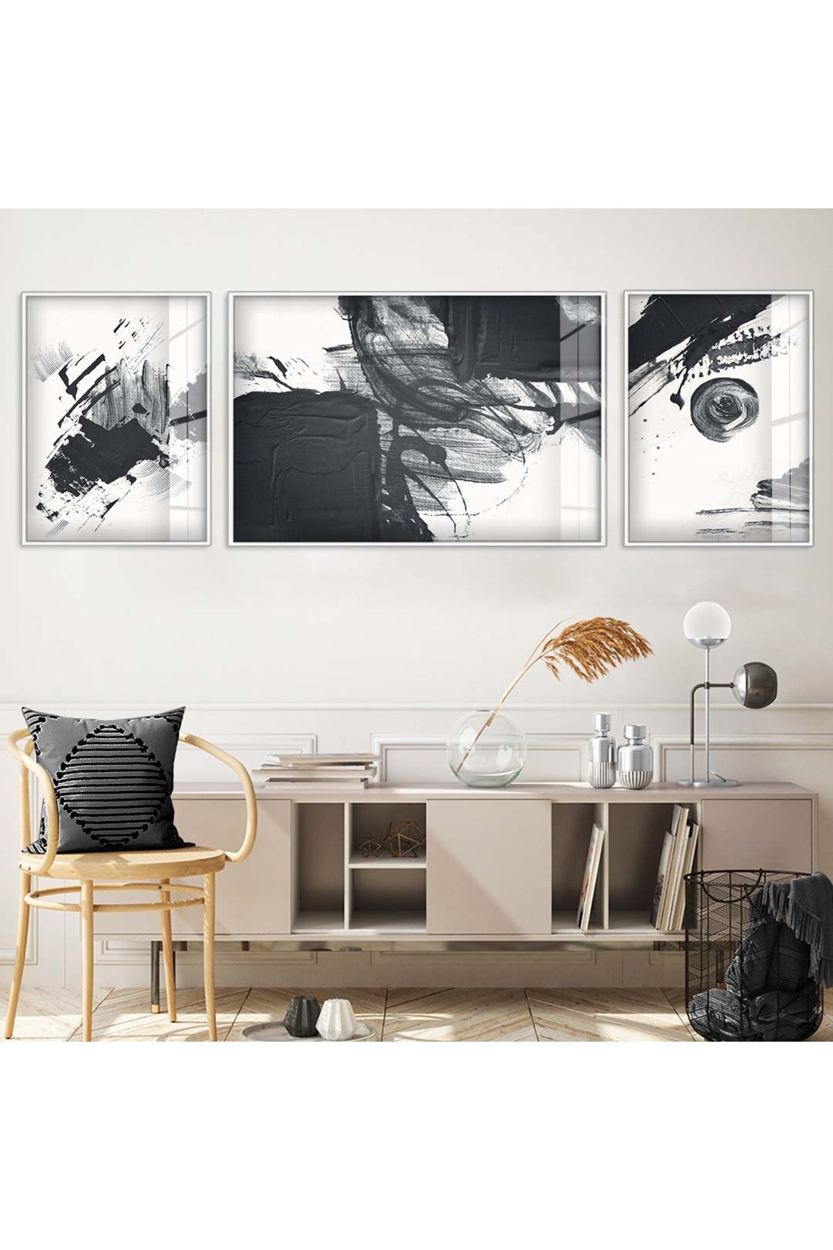 Minimal Tasarım Çizim Soyut Desen 3'Lü Metal Çerçeveli UV Baskı Kırılmaz Cam Tablo