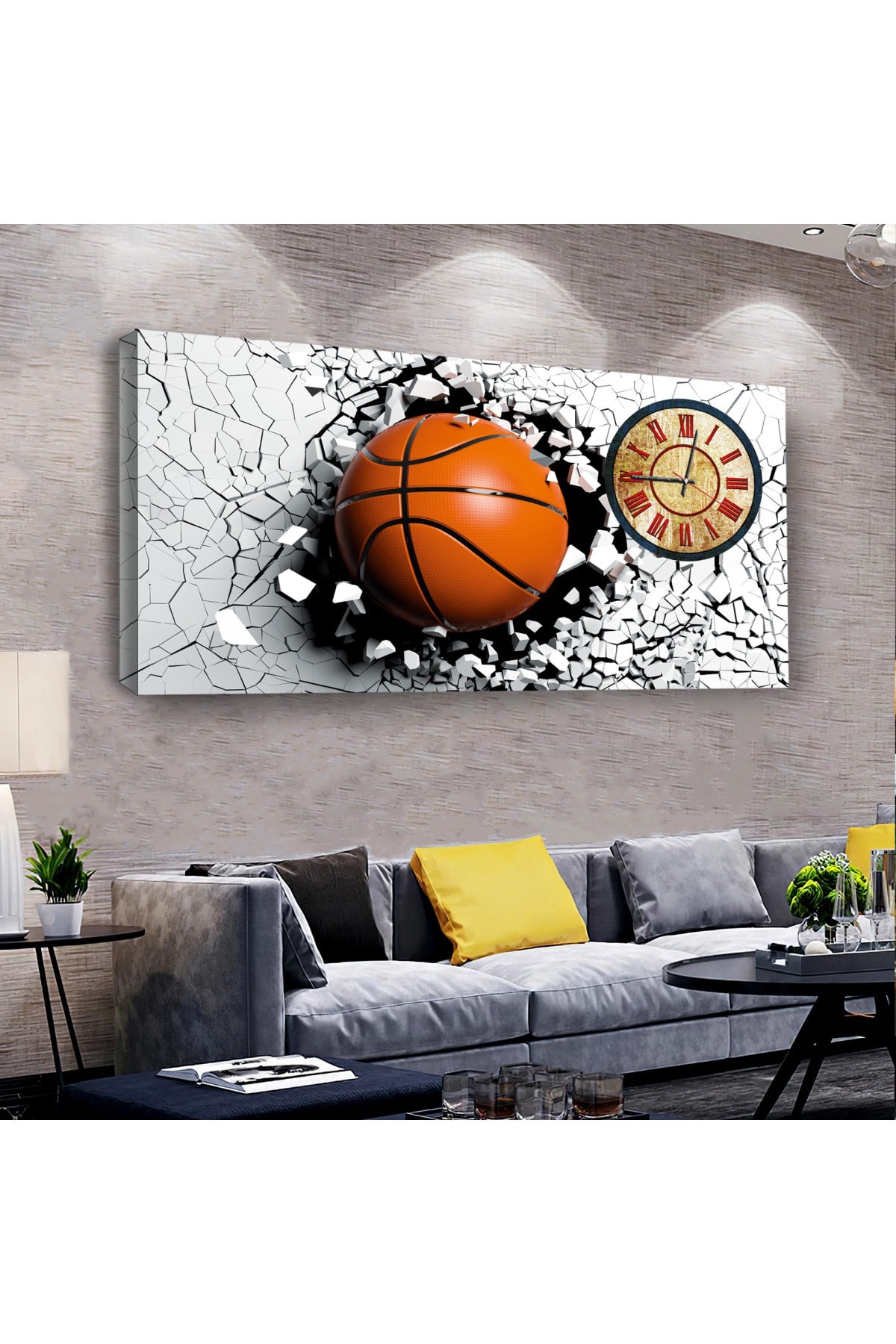 Basketbol Topu saatliAhşap Şase Dijital Baskı Kanvas Tablo 100X50Cm