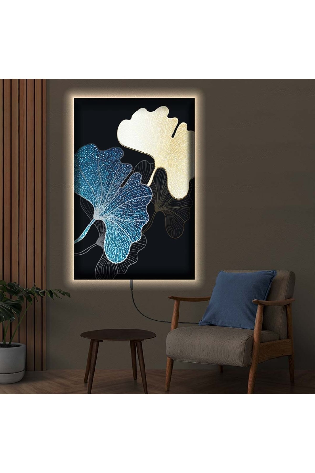 Minimalist Ledli Soyut Desen Çiçek Ahşap Şase Dijital Baskı Kanvas Tablo 90X60Cm