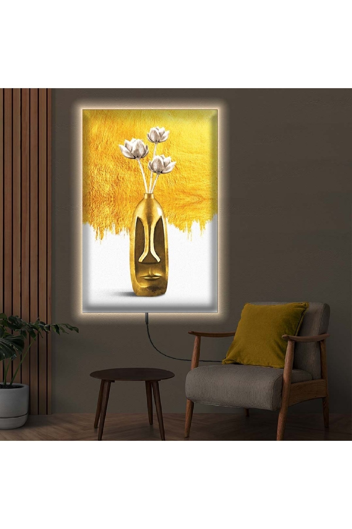 Canlı Ledli Kolaj Çizim Vazo Çiçek Ahşap Şase Dijital Baskı Kanvas Tablo 90X60Cm