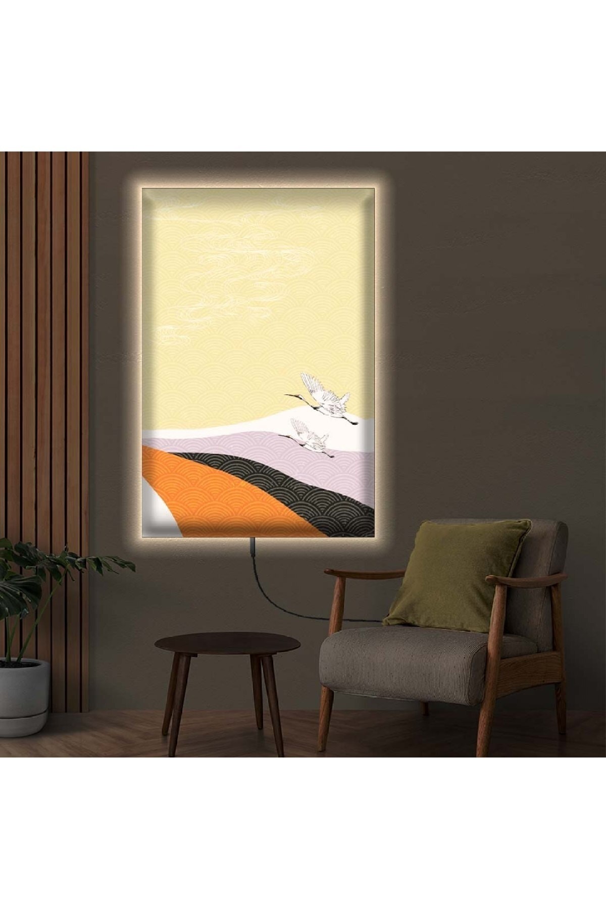 Canlı Ledli Kolaj Çizim Ahşap Şase Dijital Baskı Kanvas Tablo 90X60Cm