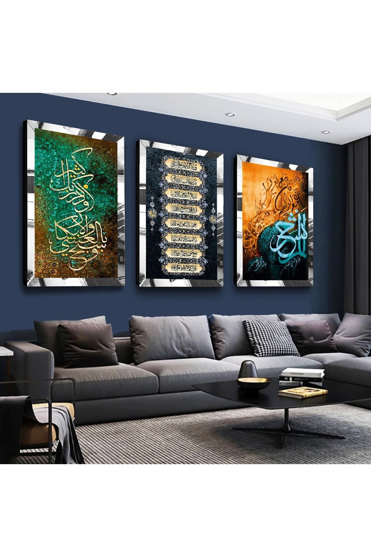 Gold Aynalı Pleksi Çerçeveli Dini Ayet Üçlü Mdf Tablo Seti