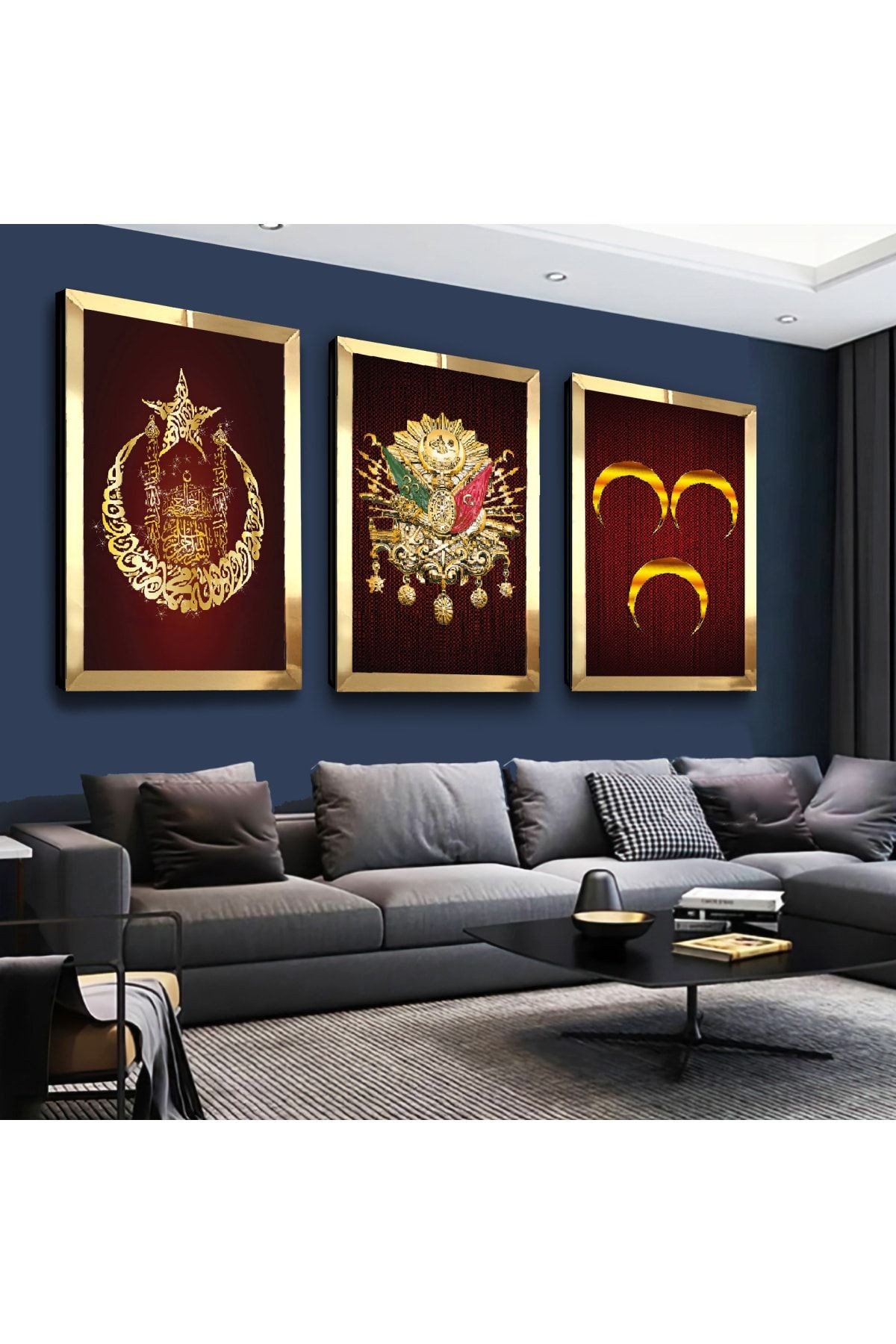 Gold Aynalı Pleksi Çerçeveli 3hilal Ve Osmanlı Tuğrası Üçlü Mdf Tablo Seti
