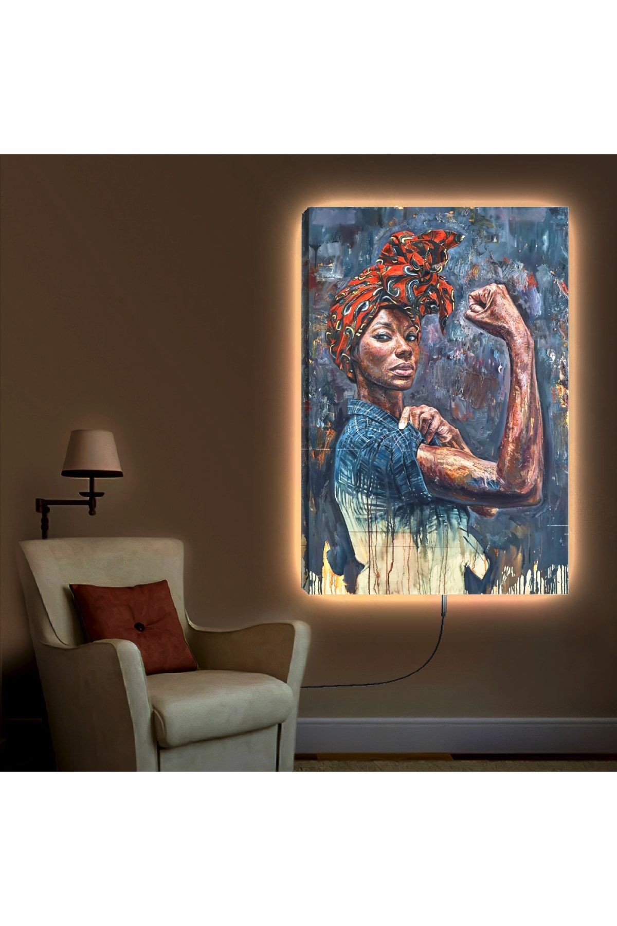 Ledli 90x60 Kolaj Çizim Afrikalı Genç Kadın Kanvas Tablo