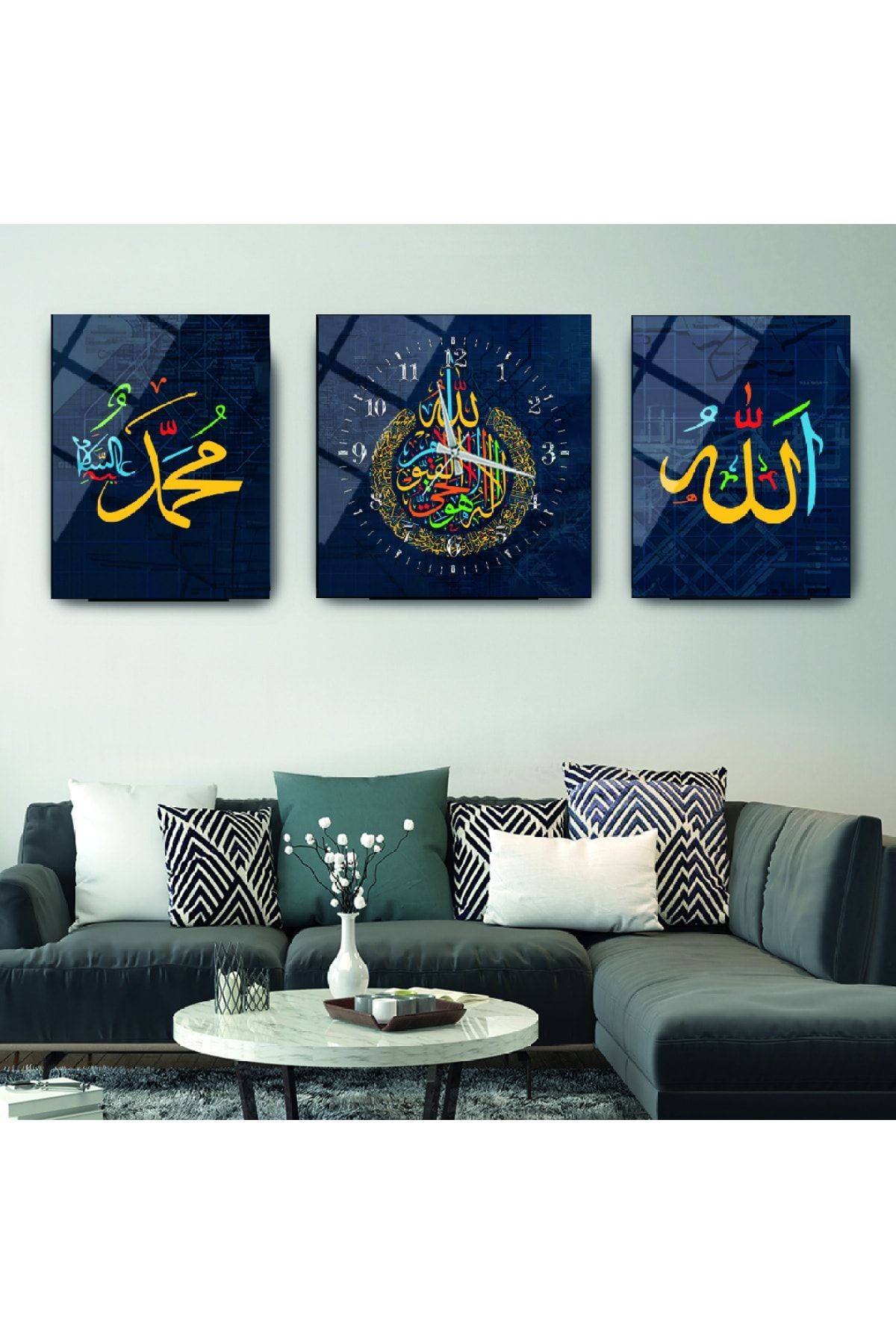 Lacivert Arka Planlı Renkli Allah Ve Hz Muhammed Lafzı Dini Saatli Üçlü Kırılmaz Cam Tablo Seti