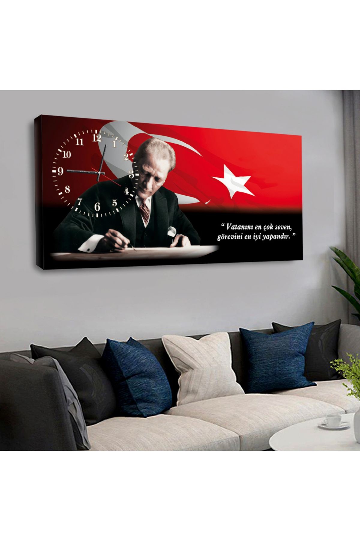 Kanvas Türk Bayrağı Arka Planlı Mustafa Kemal Atatürk Saatli Tablo