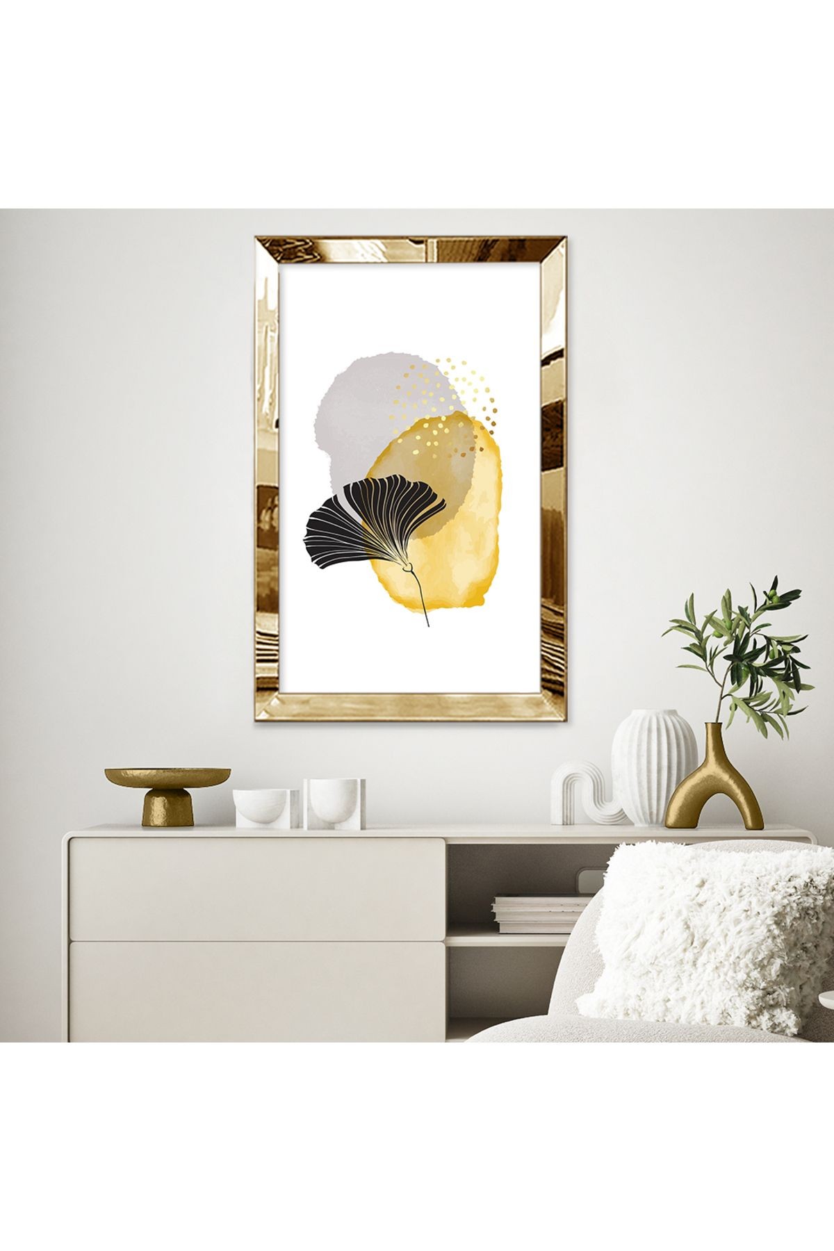 Gold Aynalı Pleksi Çerçeveli Soyut Modern Ginkgo Yaprağı Mdf Tablo