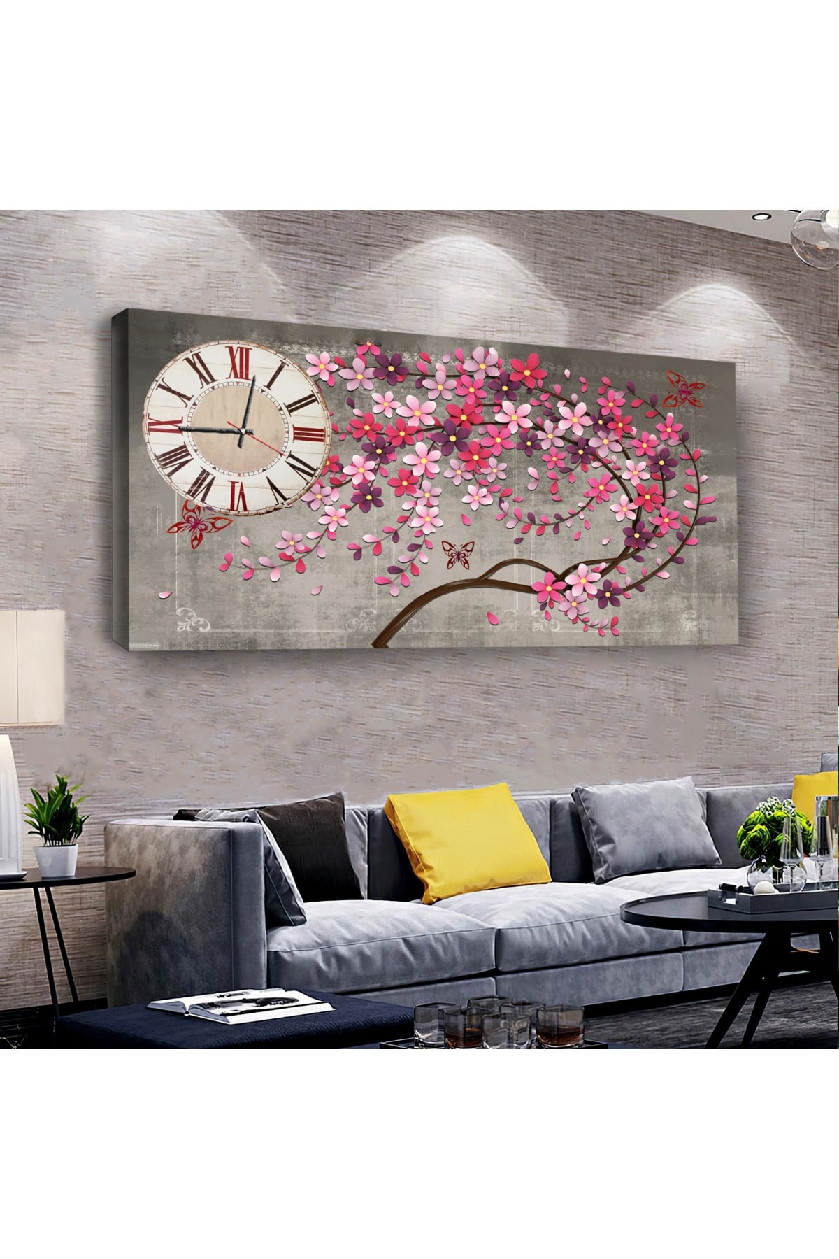 Huzur Çiçek saatliAhşap Şase Dijital Baskı Kanvas Tablo 100X50Cm