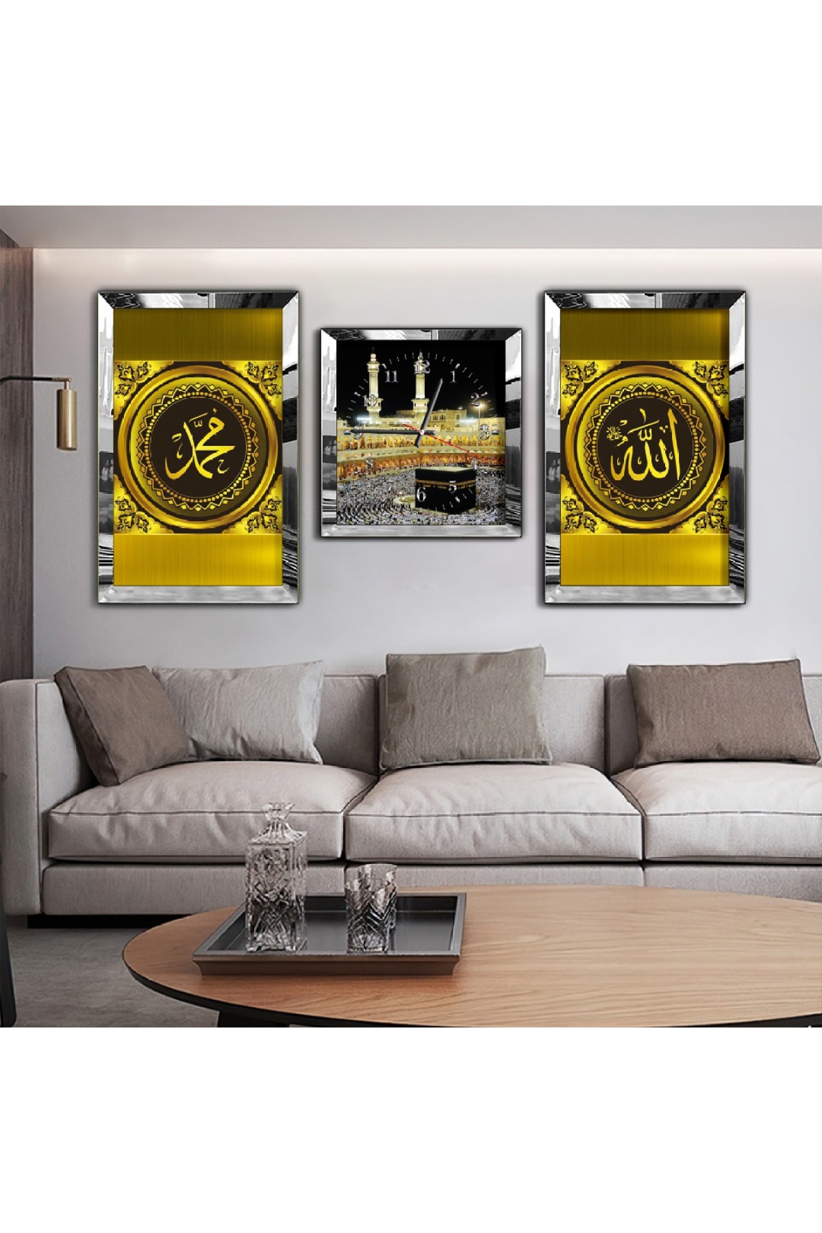 İslami Duvar Süsü Hz Muhammed Ve Allah Lafzı Aynalı Pleksi Çerçeveli MDF Tablo Ve Saat