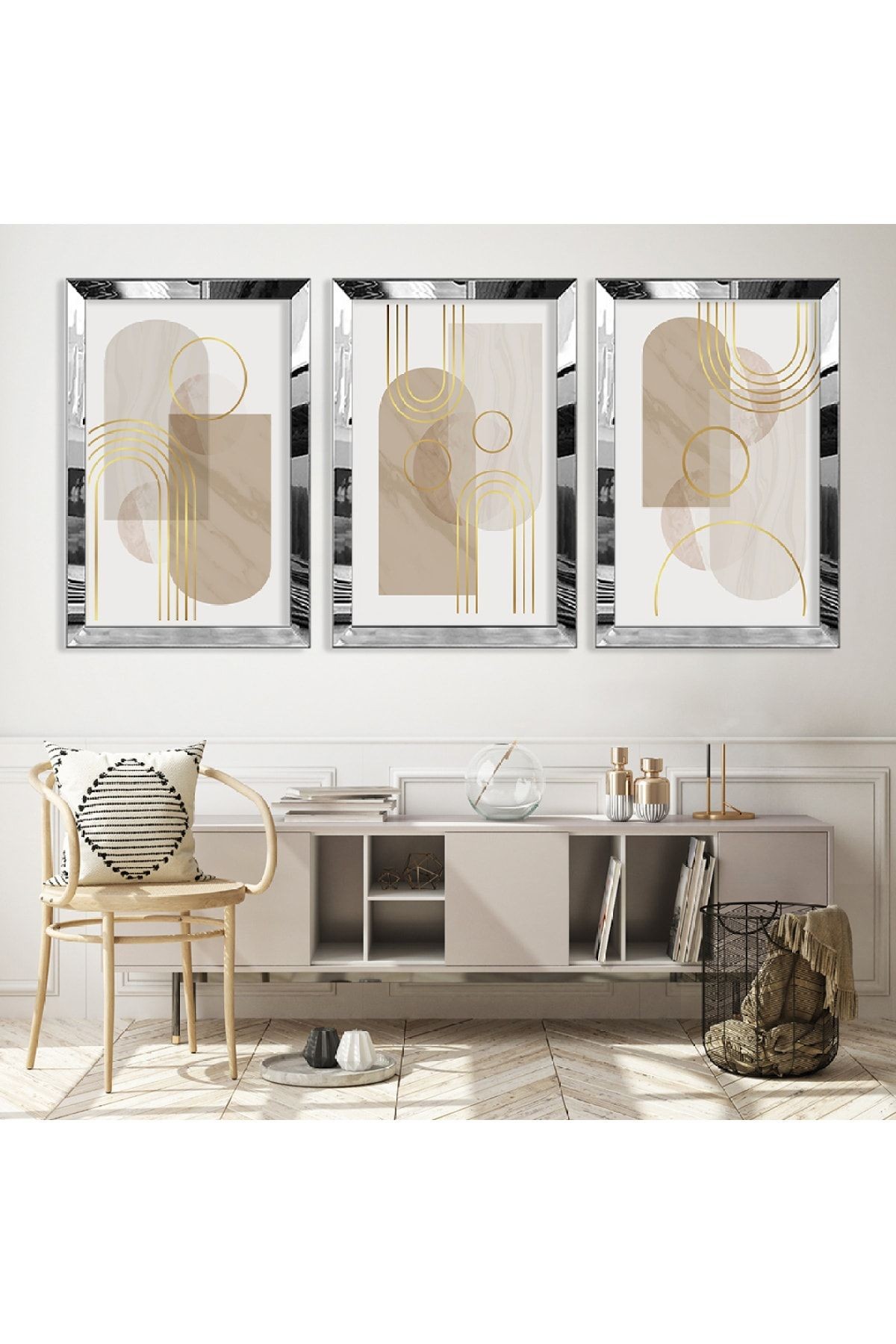 Soyut Desen Şekiller Gold Pleksi Kenar Üçlü Mdf Tablo Seti
