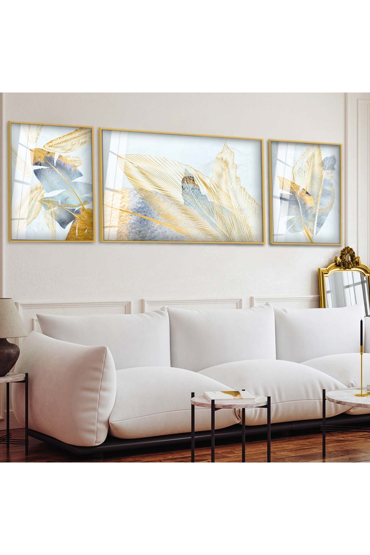Minimal Huzur Çizim Soyut Desen 3'Lü Metal Çerçeveli UV Baskı Kırılmaz Cam Tablo