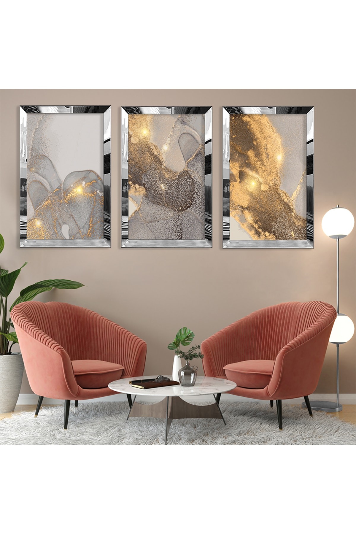 Oturma Odası Tablosu Soyut Desen Gold Pleksi Kenar 3'Lü MDF Tablo Ve Saat Kombin