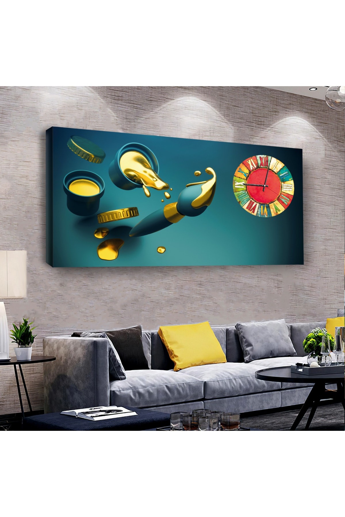 Boya Fırça saatliAhşap Şase Dijital Baskı Kanvas Tablo 100X50Cm