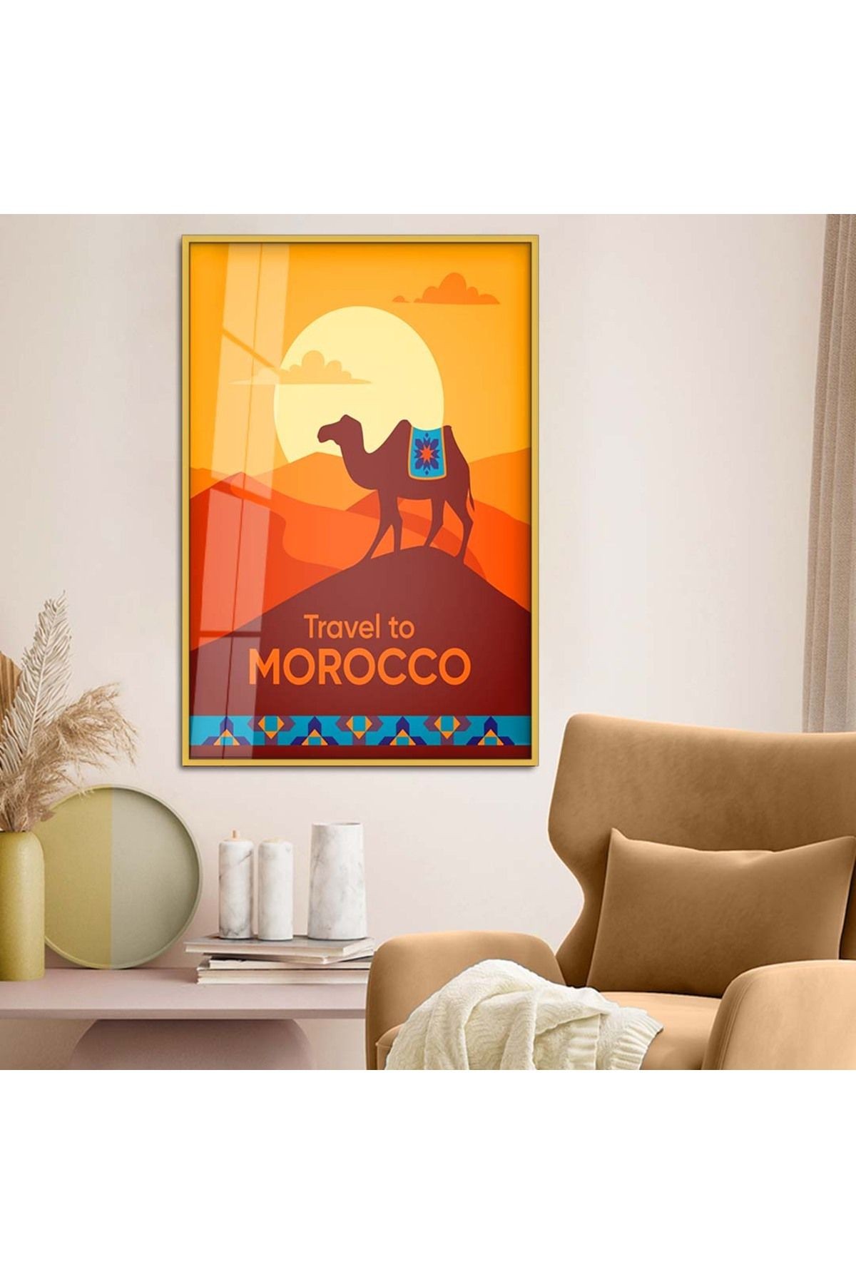 Gold Metal Çerçeveli Modern Çizim Seyahat Tema Kırılmaz Cam Tablo