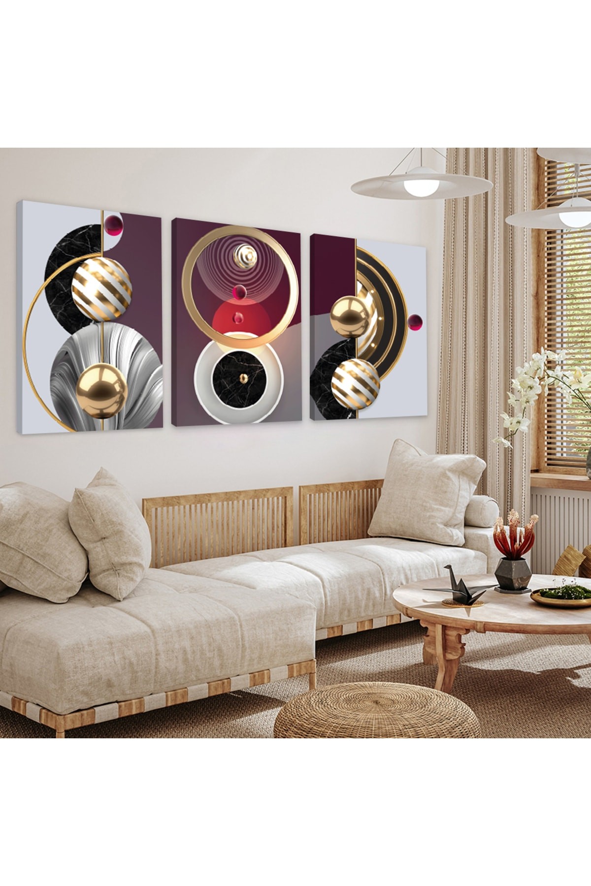 Minimal Modern Tablo Soyut Desen 3'Lü Ahşap Şase Dijital Baskı Kanvas Tablo