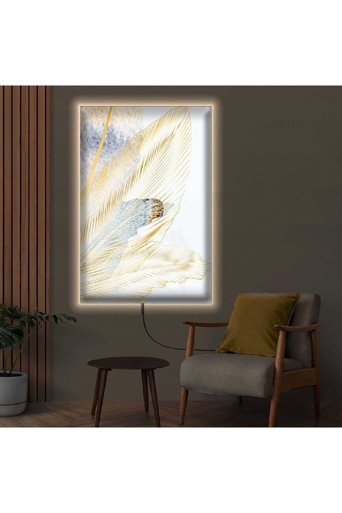 Salon Tablosu Ledli Soyut Desen Çiçek Ahşap Şase Dijital Baskı Kanvas Tablo 90X60Cm