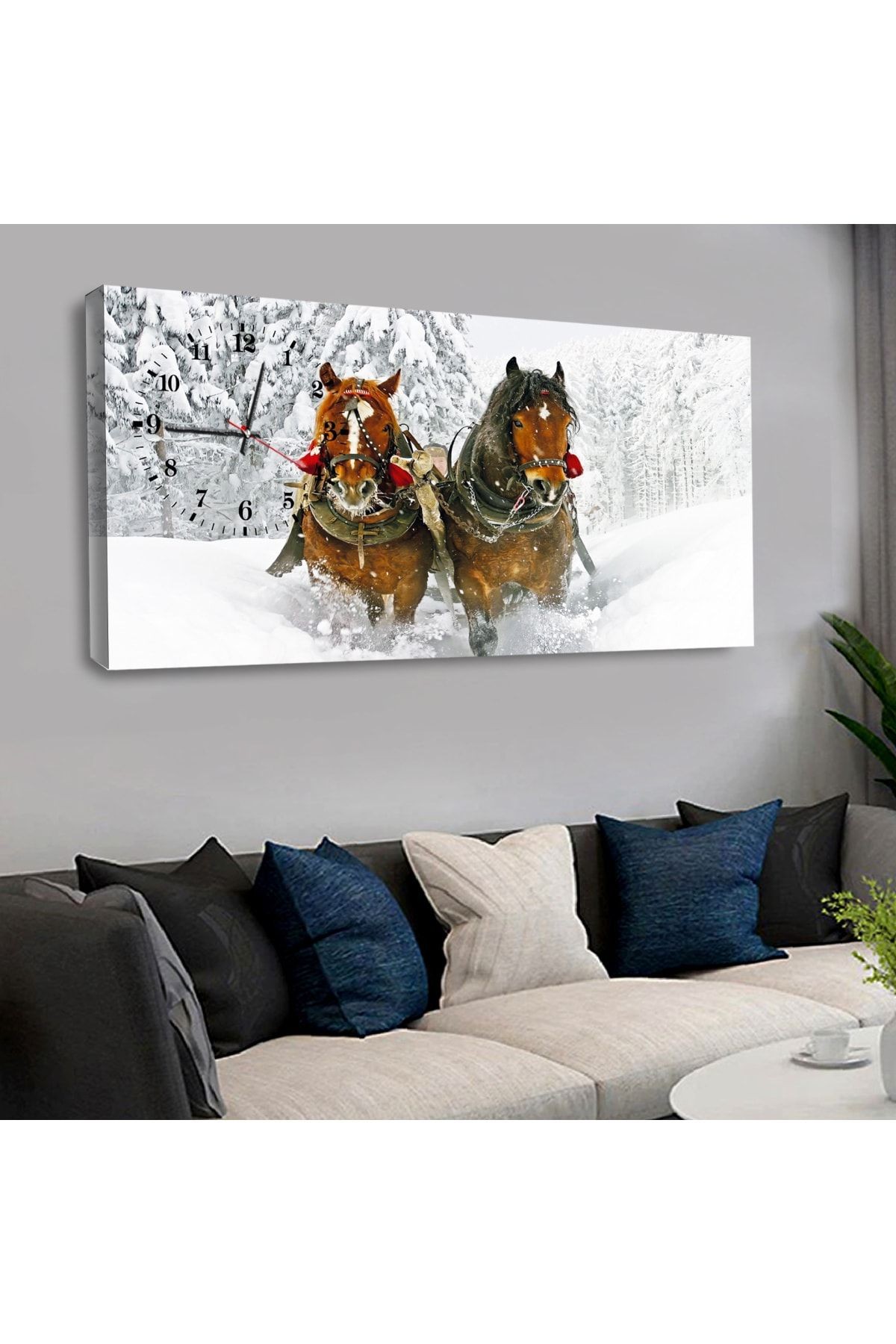 120x60 Saatli Hayvanlar Alemi At Kanvas Tablo