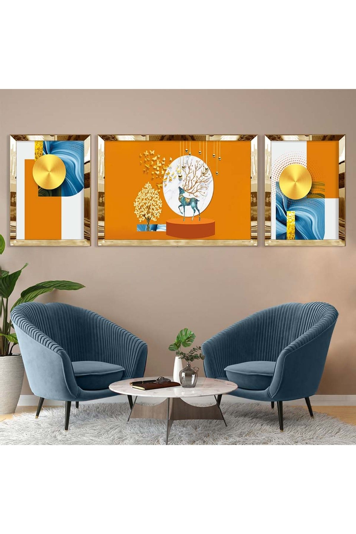 Gold Aynalı Pleksi Çerçeveli Üçlü Turuncu Arka Planlı Gold Geğik Desenli Mdf Tablo Seti