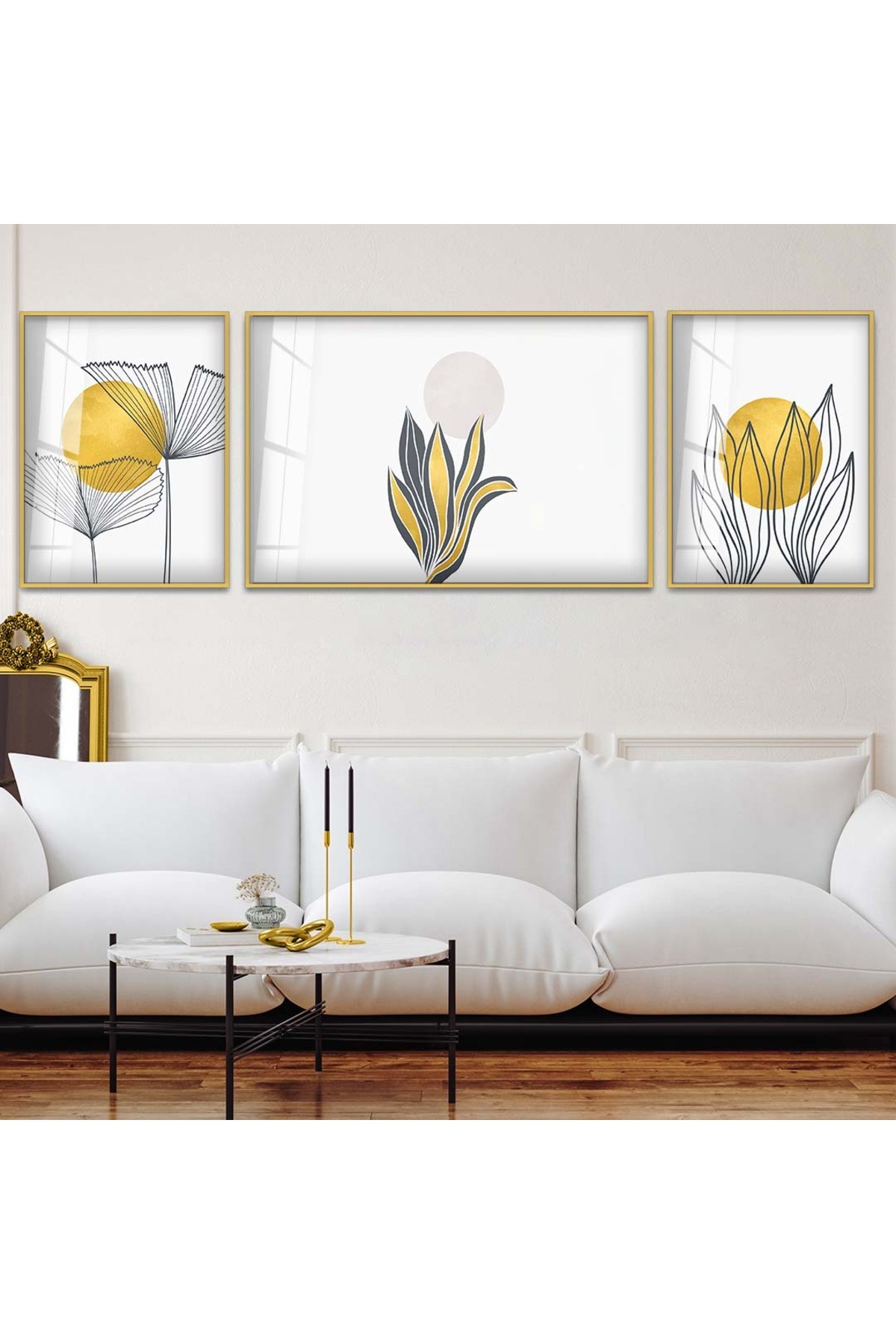 Salon Tablosu Minimalist Çizim 3'Lü Metal Çerçeveli UV Baskı Kırılmaz Cam Tablo
