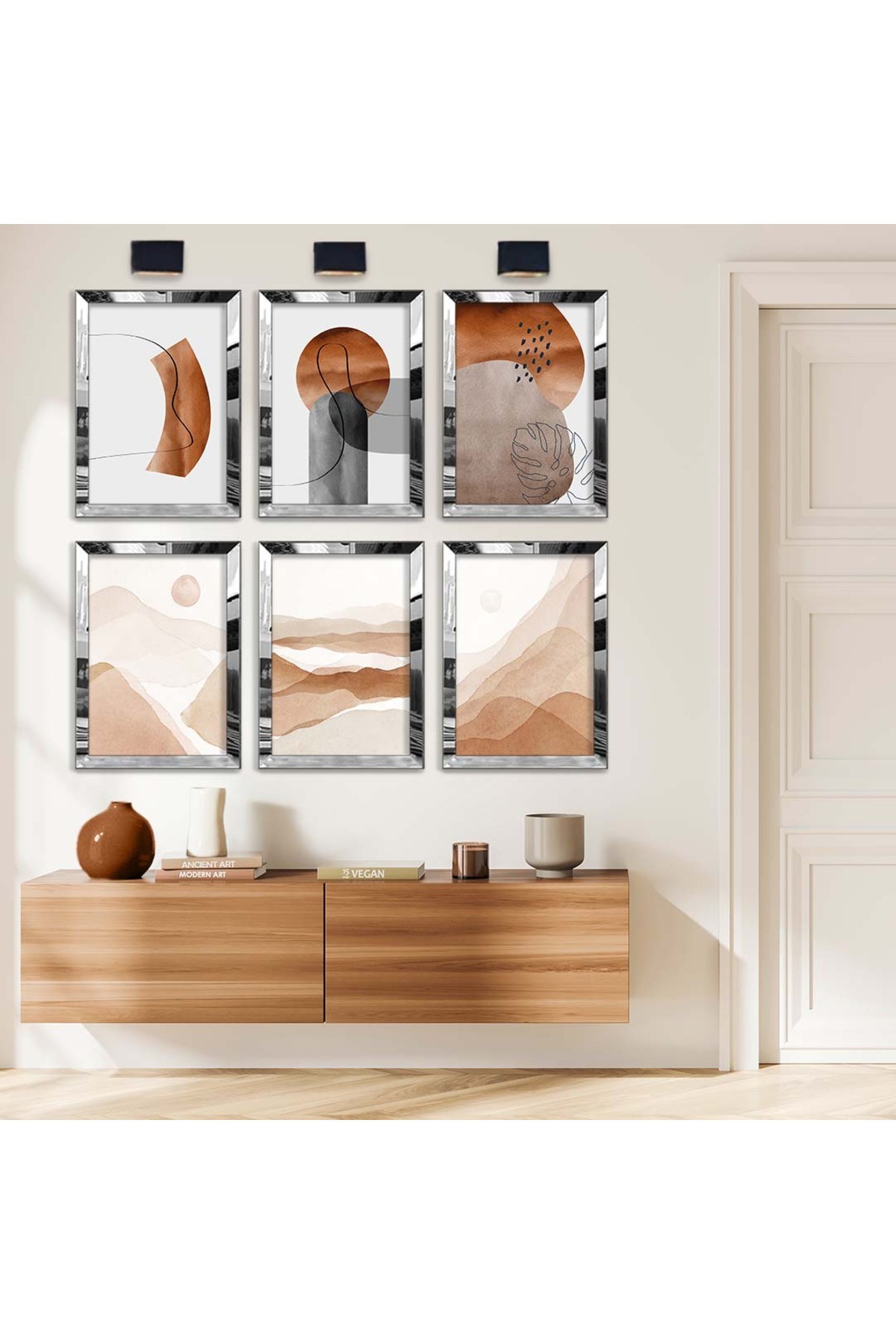 Geometrik Çizim Ve Natürel Tema 6'Lı Pleksi Kenar Solmaz MDF Tablo Seti