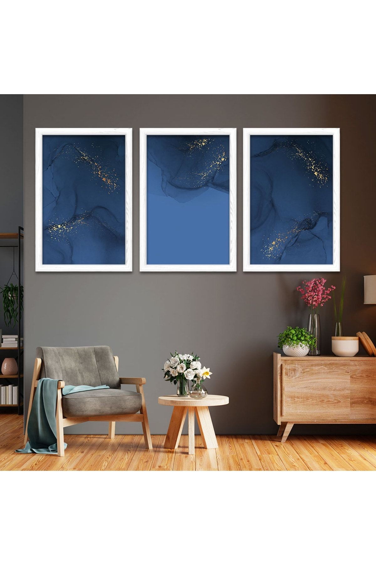 Beyaz Ahşap Çerçeveli Kolaj Çizim Modern Tablo