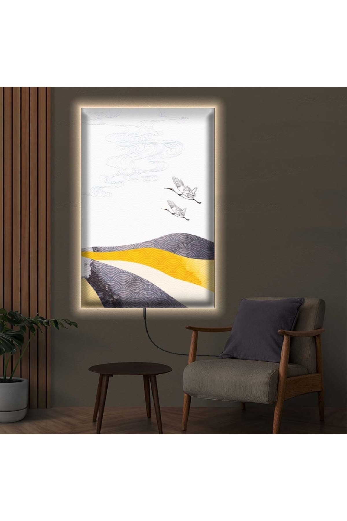 Modern Ledli Kolaj Çizim Dağ Ahşap Şase Dijital Baskı Kanvas Tablo 50X70Cm