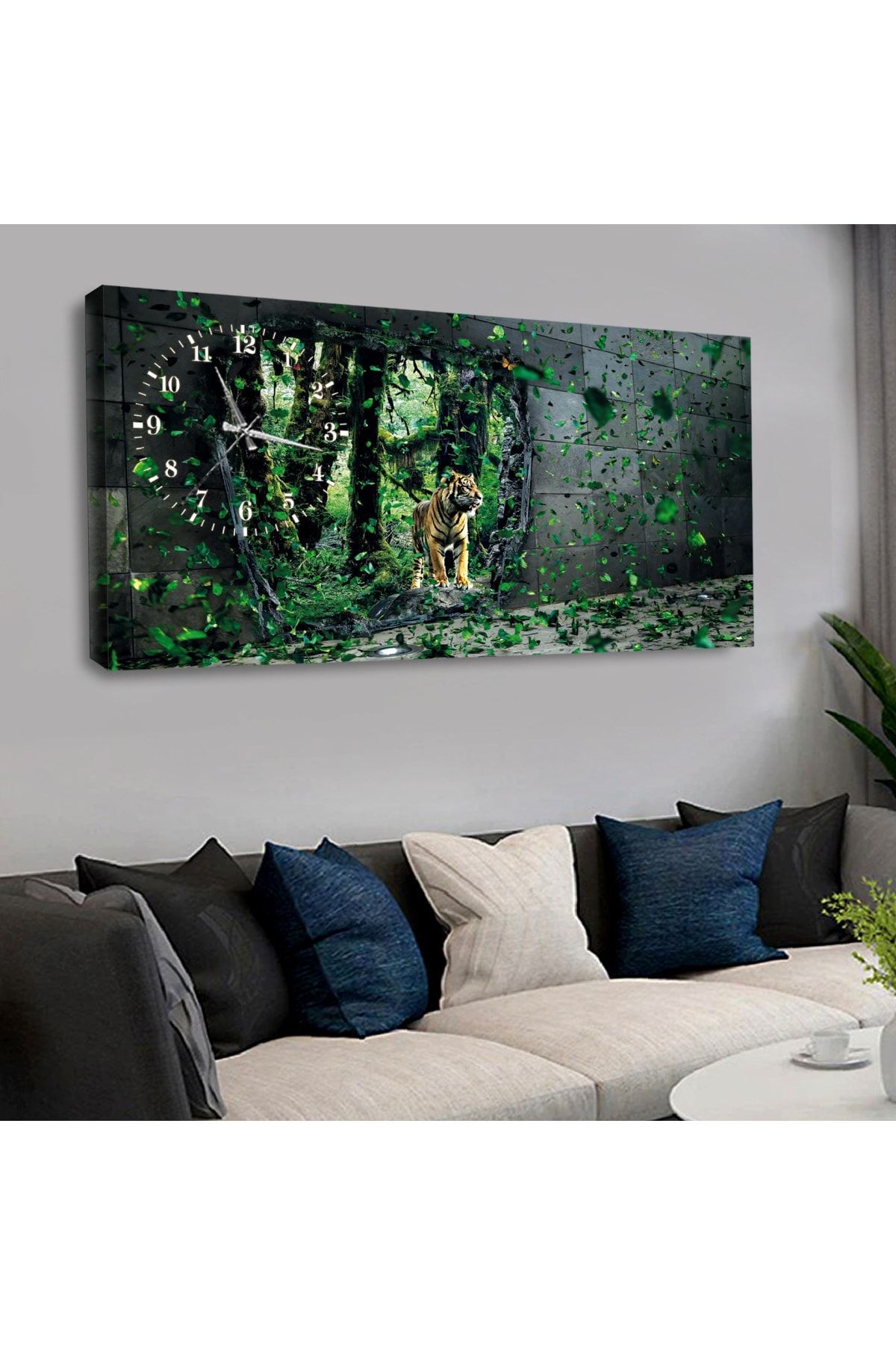 120x60 Saatli Hayvanlar Alemi Kaplan Kanvas Tablo