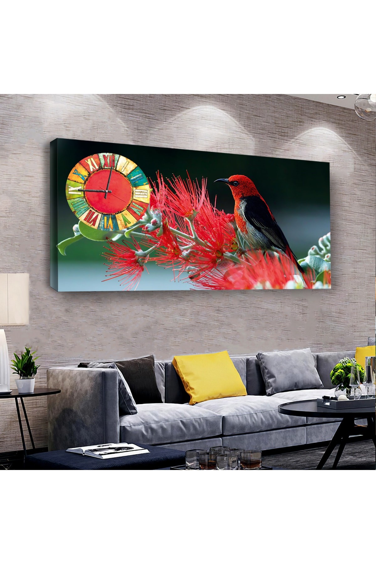 Renkli Kuş saatliAhşap Şase Dijital Baskı Kanvas Tablo 100X50Cm