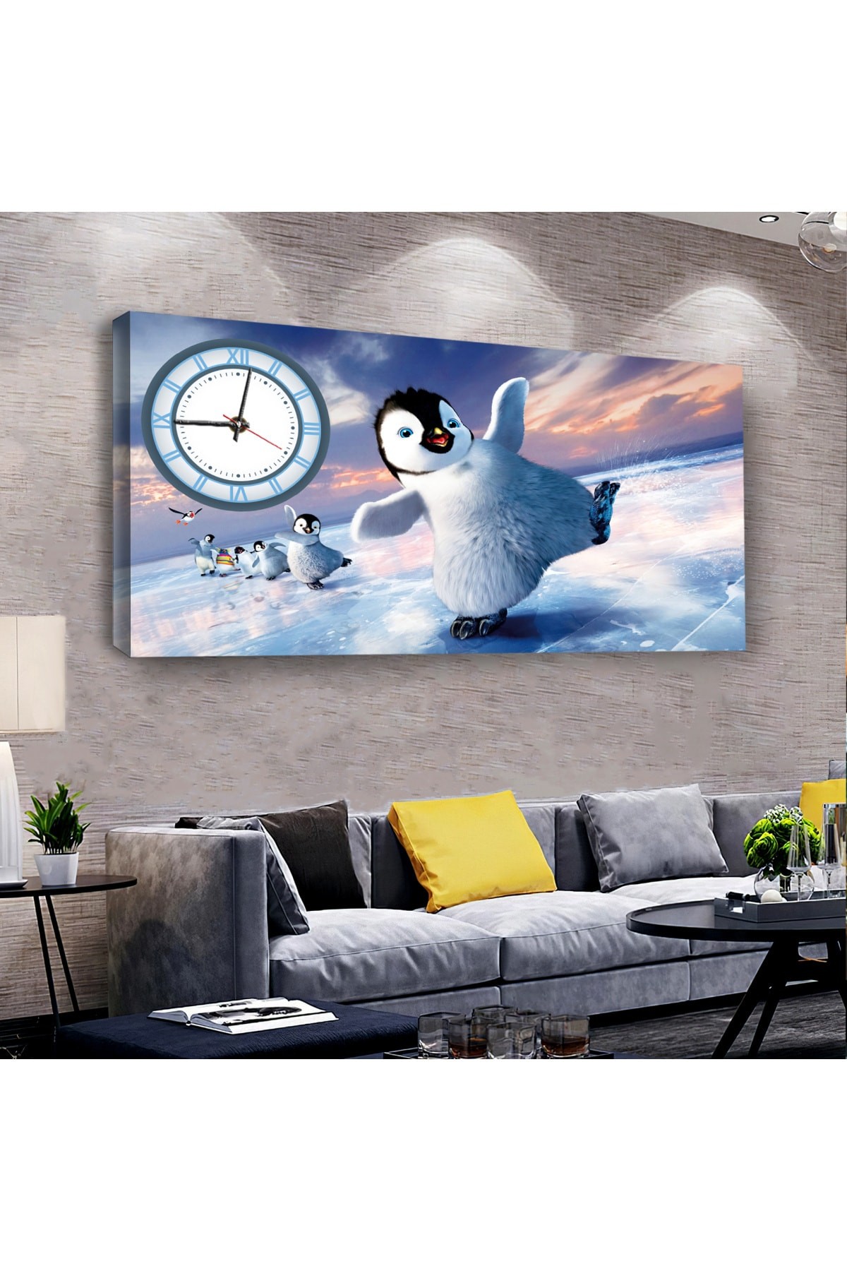 Penguen saatliAhşap Şase Dijital Baskı Kanvas Tablo 100X50Cm