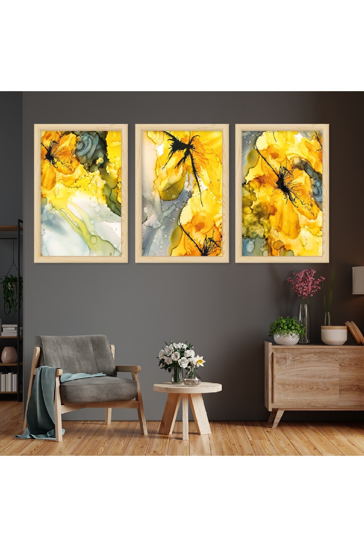 Ahşap Çerçeveli Yüksek Kaliteli UV Baskı Sarı Renk Modern Tablo