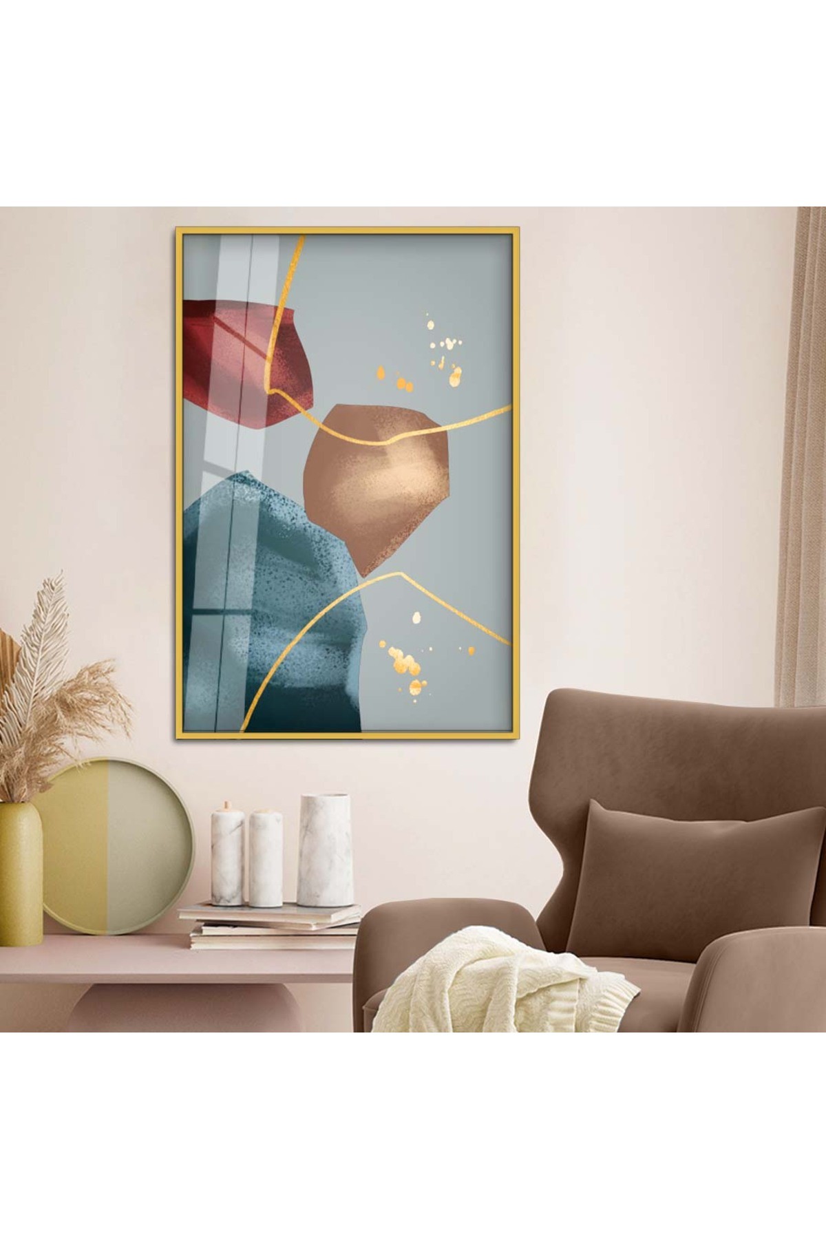 Minimal Modern Tablo Kolaj Çizim Soyut Tema Metal Çerçeveli UV Baskı Kırılmaz Cam Tablo