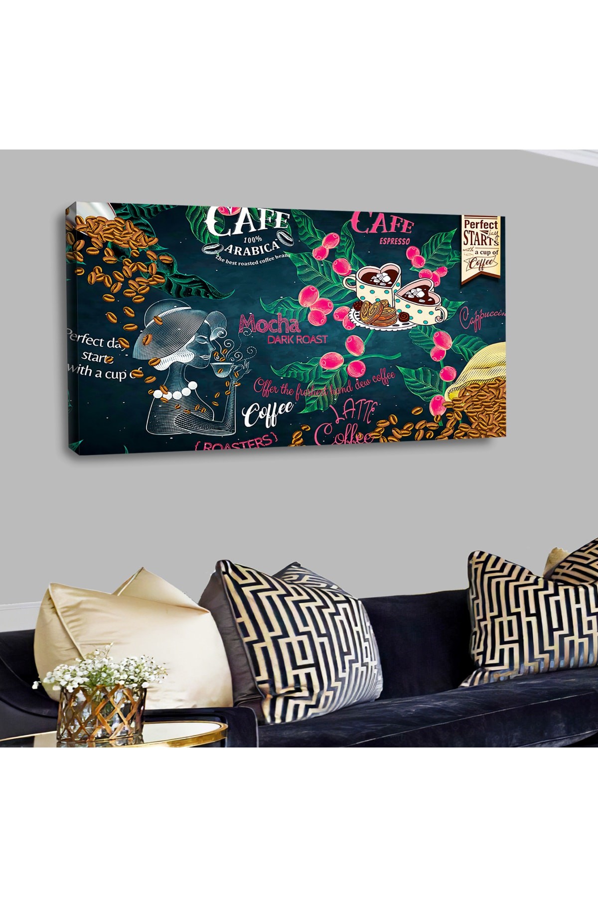 Salon Tablosu Ahşap Şase Dijital Baskı Kanvas Kahve Tablosu 120X60Cm