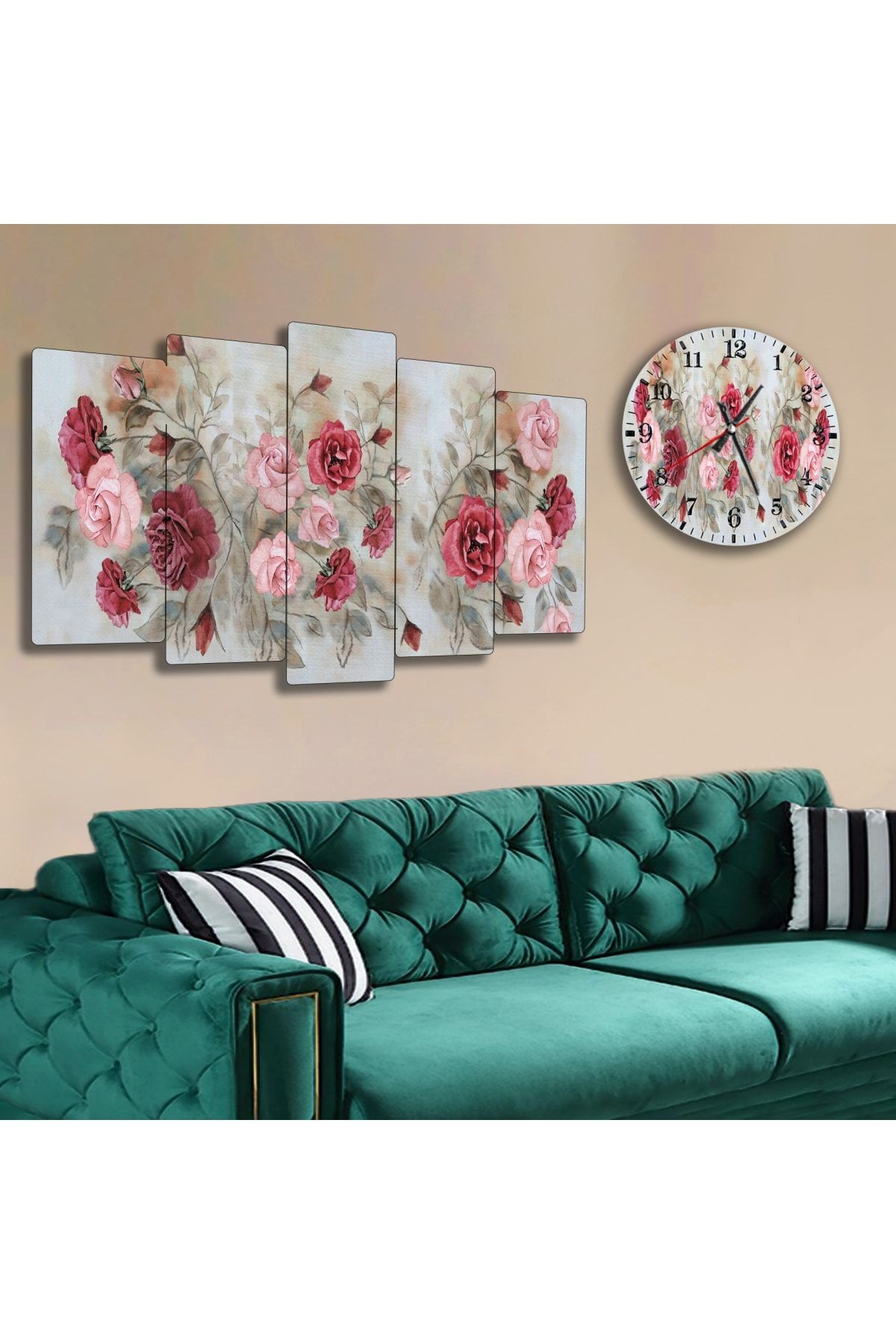 Altılı Mdf Kırmızı Ve Pembe Güller Saatli Tablo Seti
